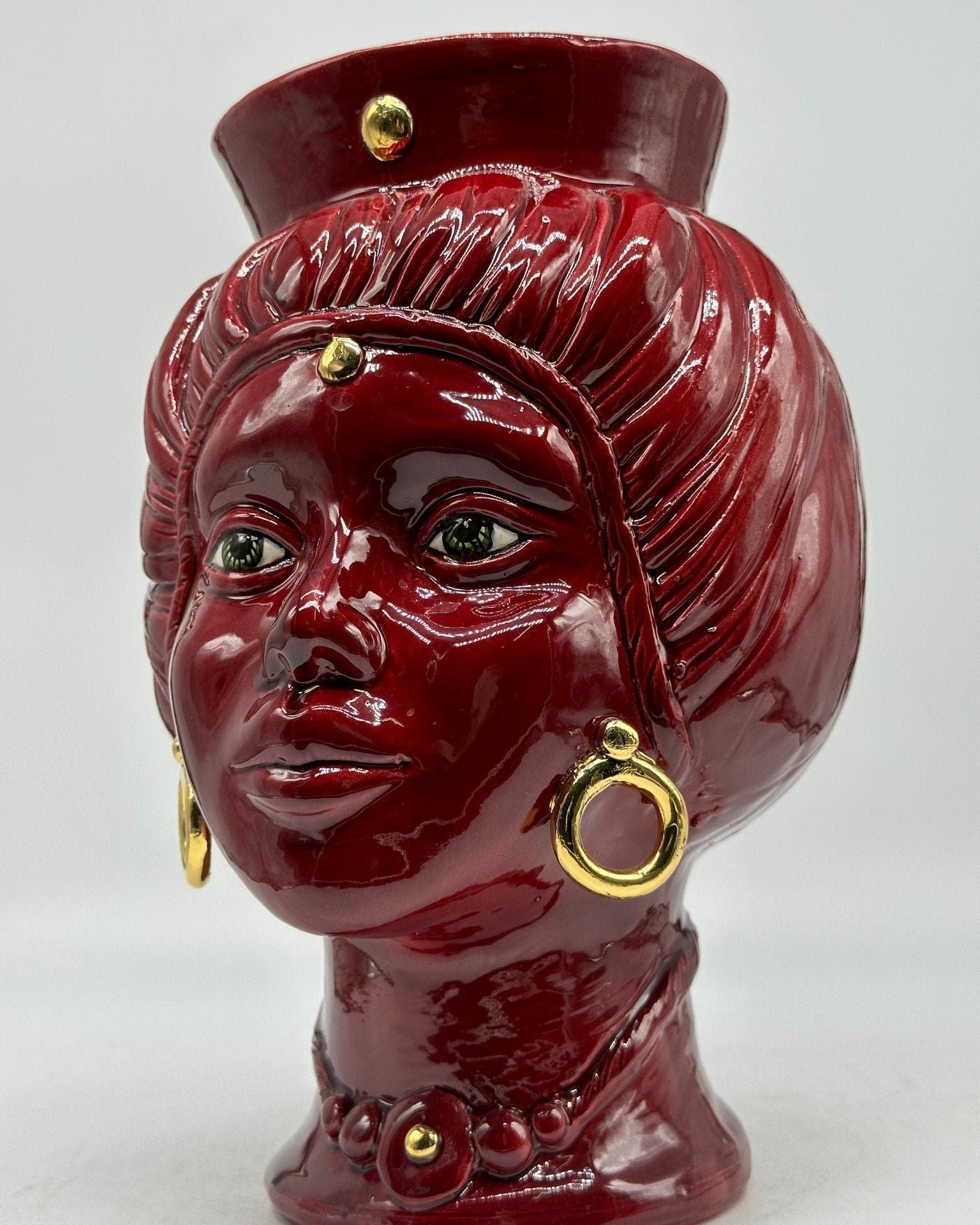 Teste di Moro Mediterraneo Ceramica Caltagirone cm H.29 L.22 Artigianale Bordeaux Oro - DD CERAMICHE SICILIANE