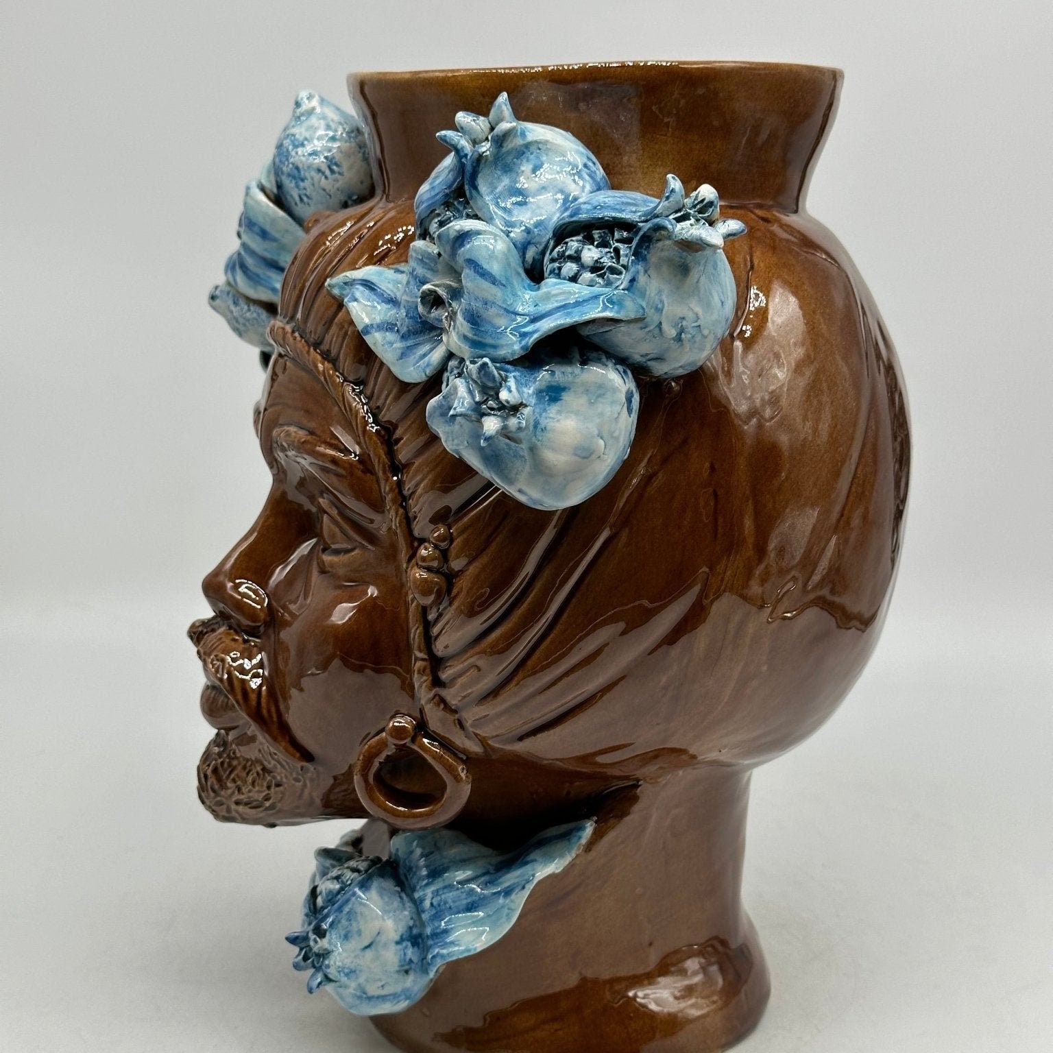 Teste di Moro Mediterraneo Ceramica Caltagirone cm H.29 L.22 Artigianale Marrone Azzurro - DD CERAMICHE SICILIANE