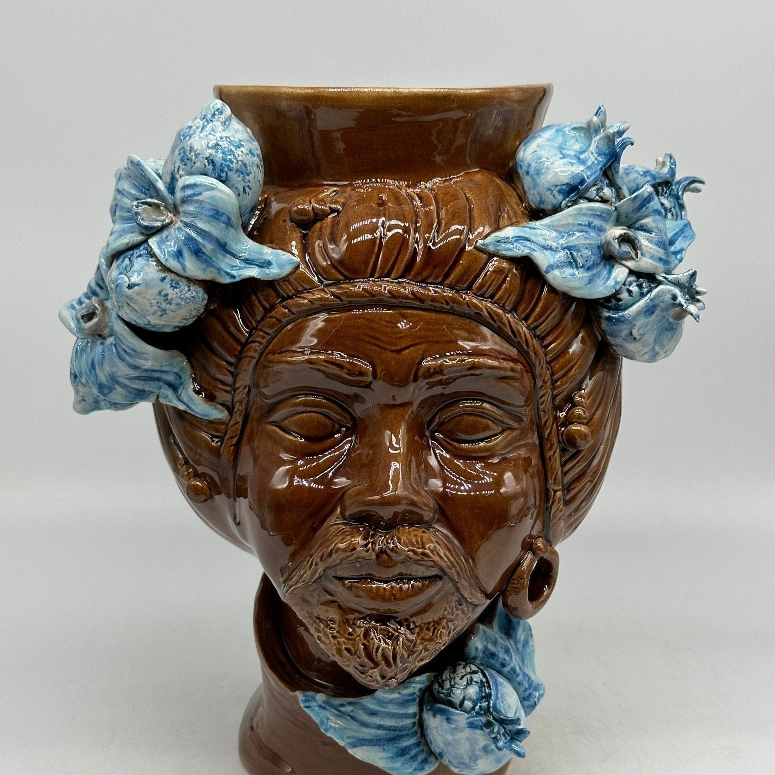 Teste di Moro Mediterraneo Ceramica Caltagirone cm H.29 L.22 Artigianale Marrone Azzurro - DD CERAMICHE SICILIANE