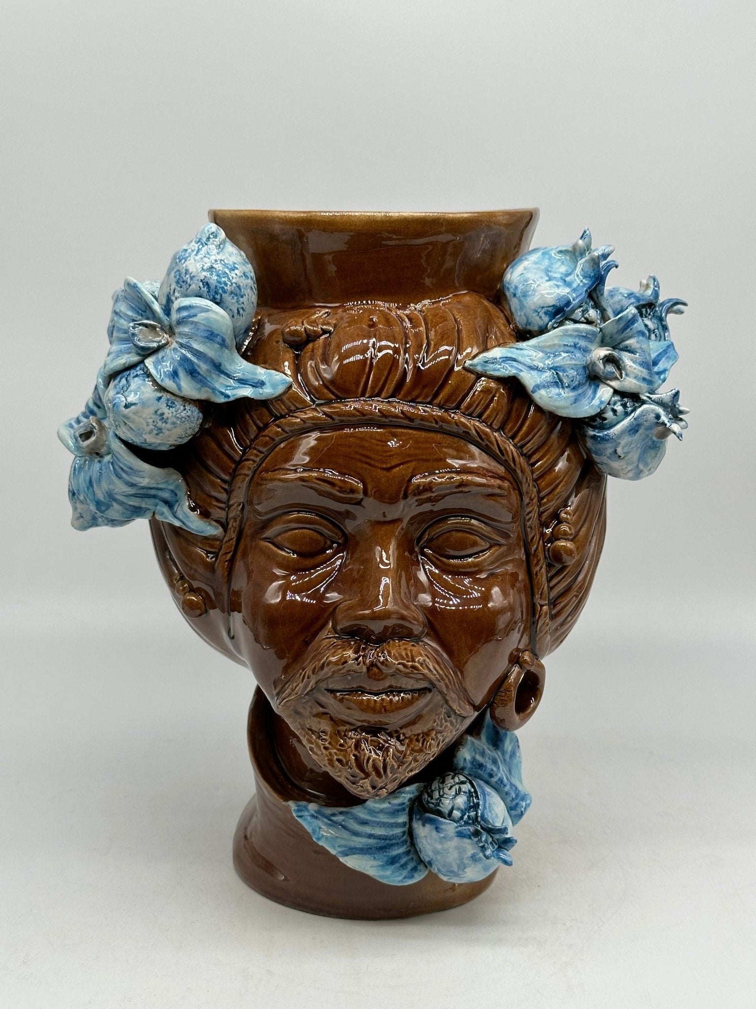 Teste di Moro Mediterraneo Ceramica Caltagirone cm H.29 L.22 Artigianale Marrone Azzurro - DD CERAMICHE SICILIANE