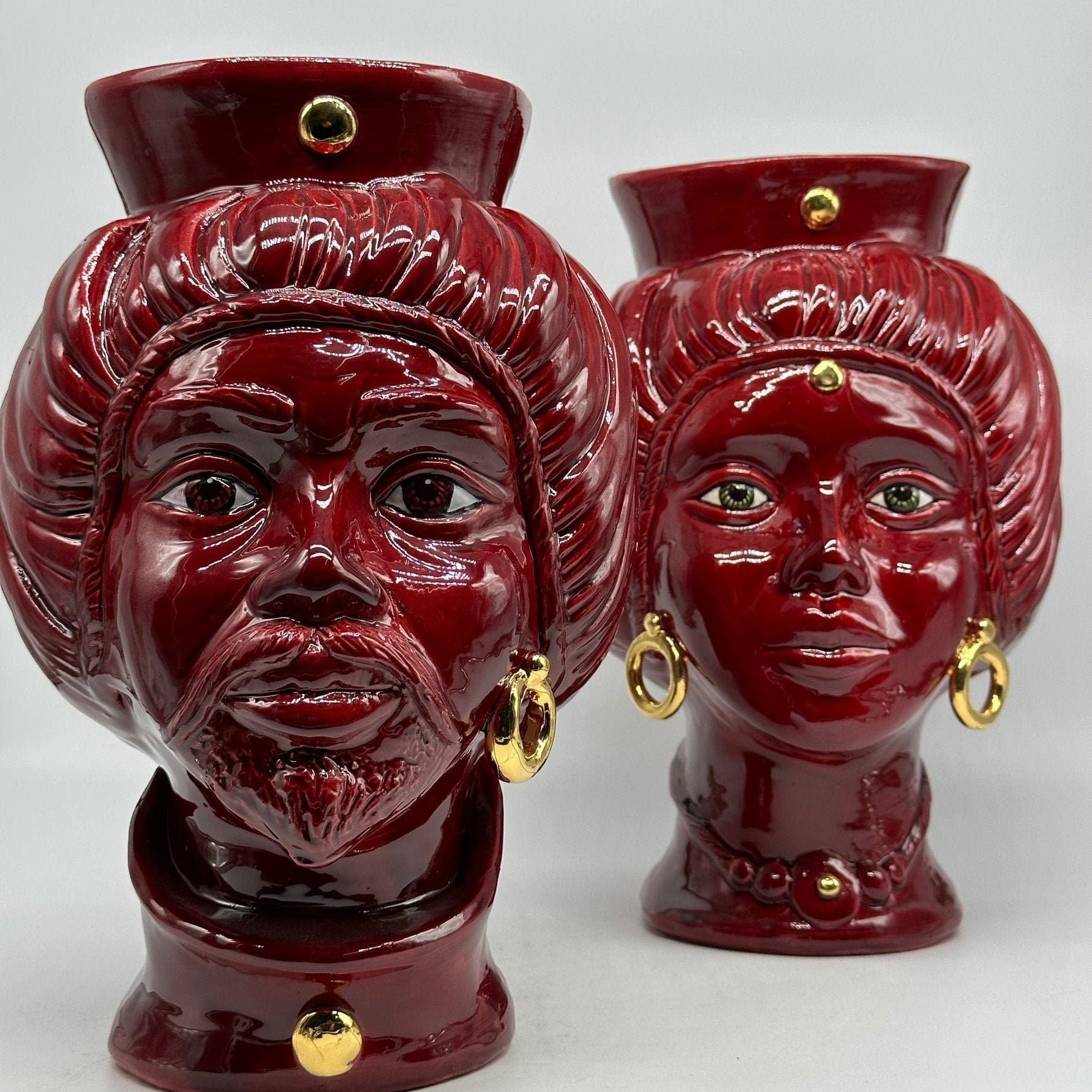 Teste di Moro Mediterraneo Ceramica Caltagirone cm H.29 L.22 Artigianale Bordeaux Oro - DD CERAMICHE SICILIANE