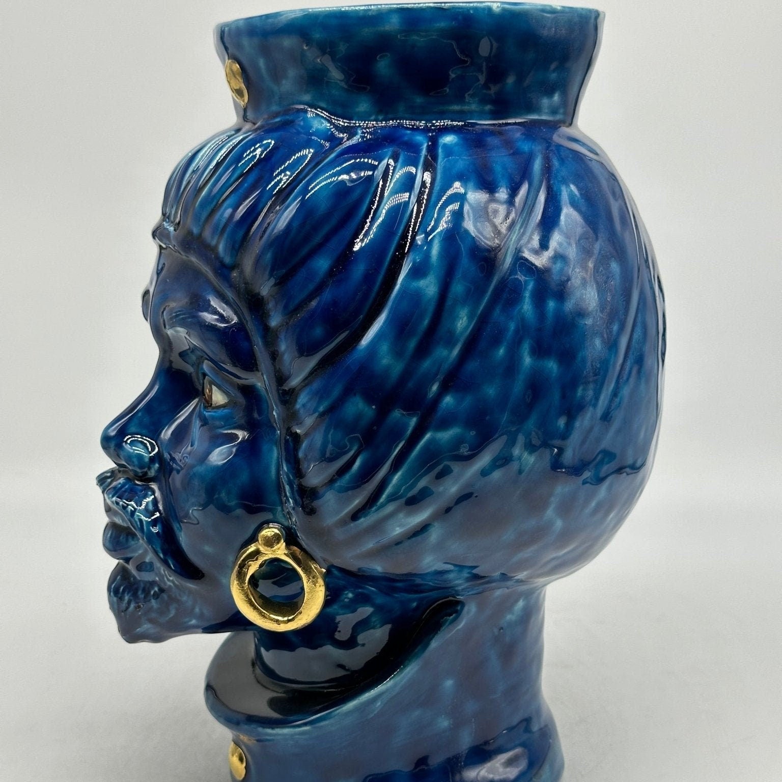 Teste di Moro Mediterraneo Ceramica Caltagirone cm H.29 L.22 Artigianale Blu Oro - DD CERAMICHE SICILIANE