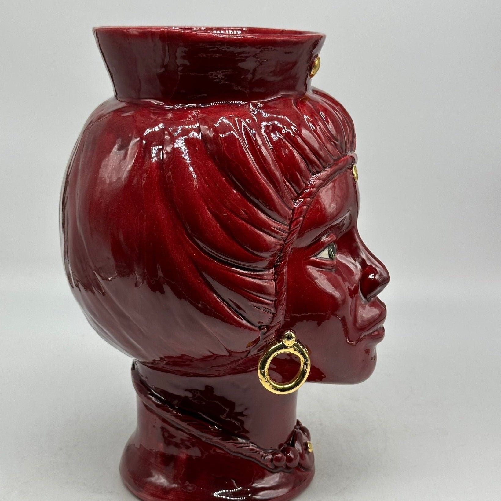 Teste di Moro Mediterraneo Ceramica Caltagirone cm H.29 L.22 Artigianale Bordeaux Oro - DD CERAMICHE SICILIANE