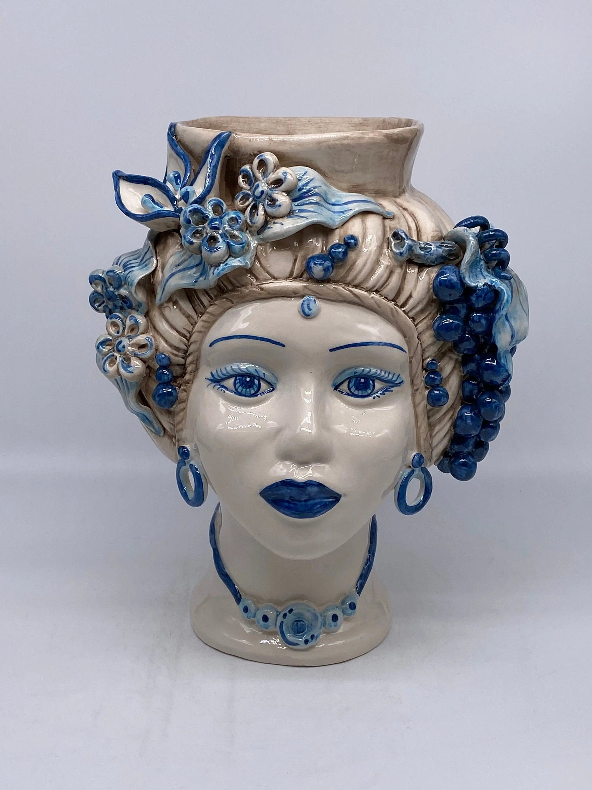 Teste di Moro Mediterraneo Ceramica Caltagirone cm H.29 L.22 Artigianale Bicolore Blu DD CERAMICHE SICILIANE