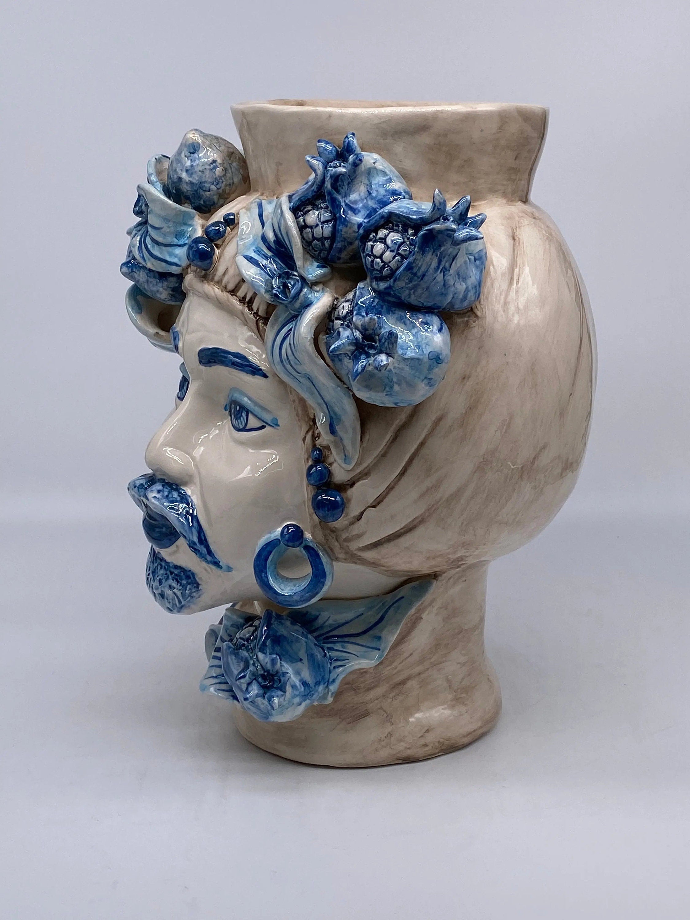 Teste di Moro Mediterraneo Ceramica Caltagirone cm H.29 L.22 Artigianale Bicolore Blu DD CERAMICHE SICILIANE