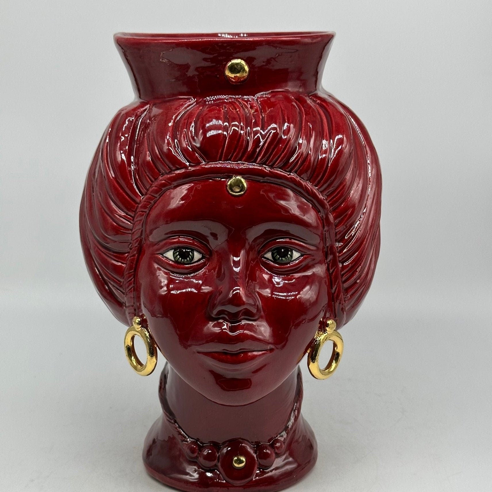Teste di Moro Mediterraneo Ceramica Caltagirone cm H.29 L.22 Artigianale Bordeaux Oro - DD CERAMICHE SICILIANE