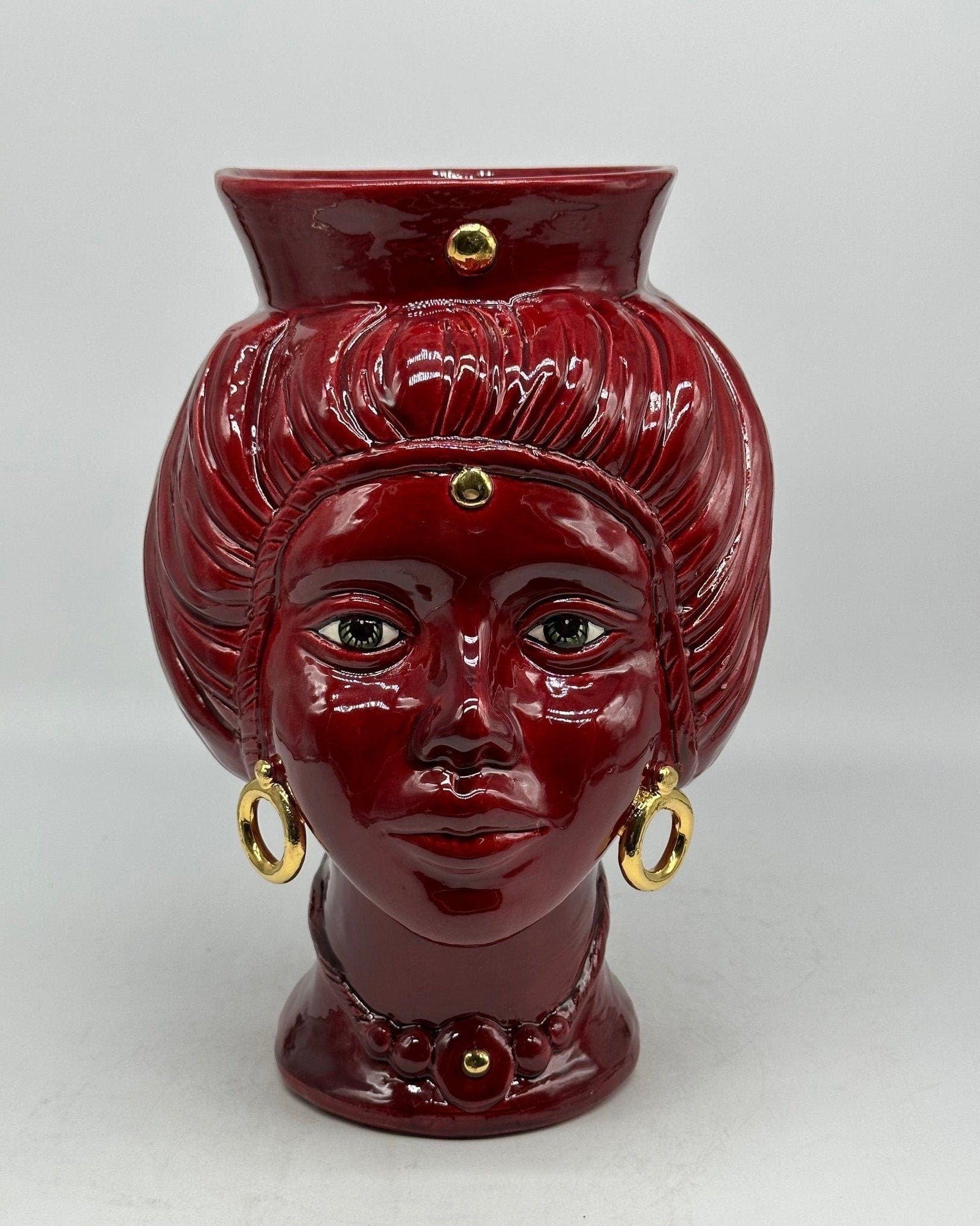 Teste di Moro Mediterraneo Ceramica Caltagirone cm H.29 L.22 Artigianale Bordeaux Oro - DD CERAMICHE SICILIANE