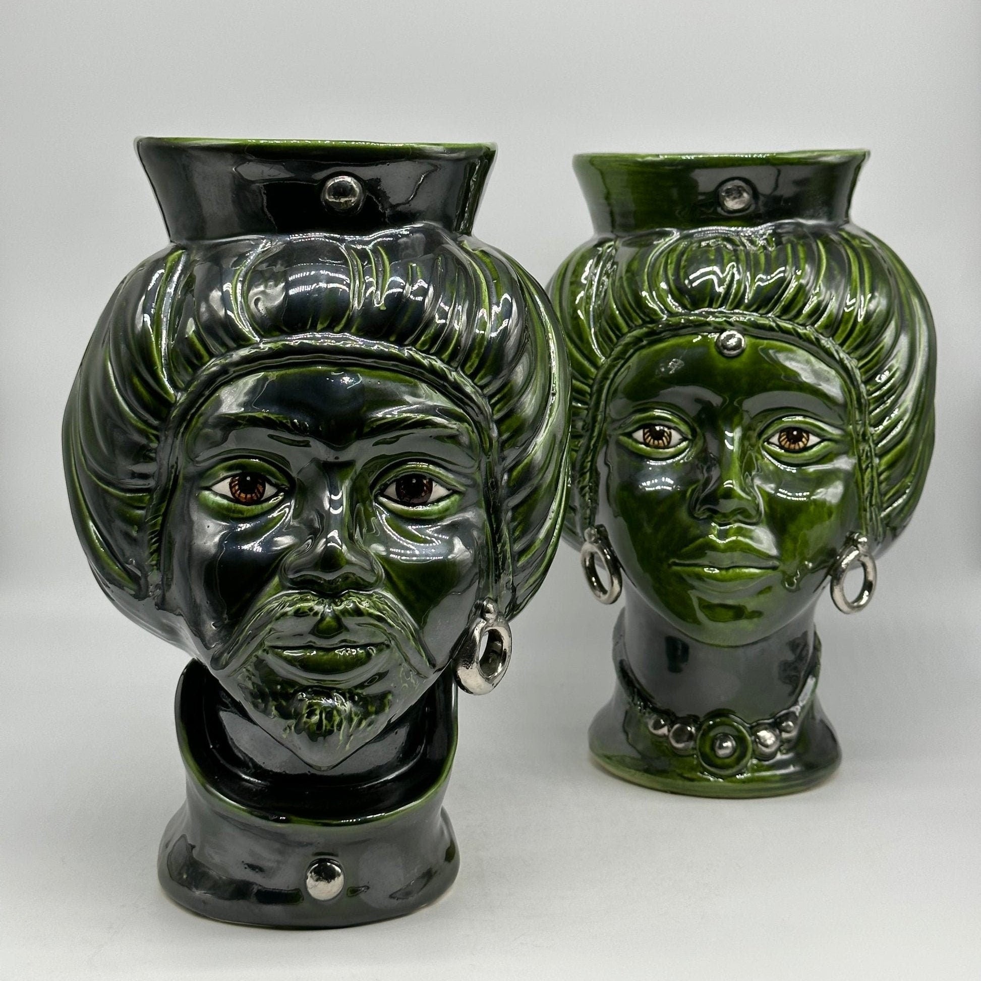 Teste di Moro Mediterraneo Ceramica Caltagirone cm H.29 L.22 Artigianale Verde Platino - DD CERAMICHE SICILIANE