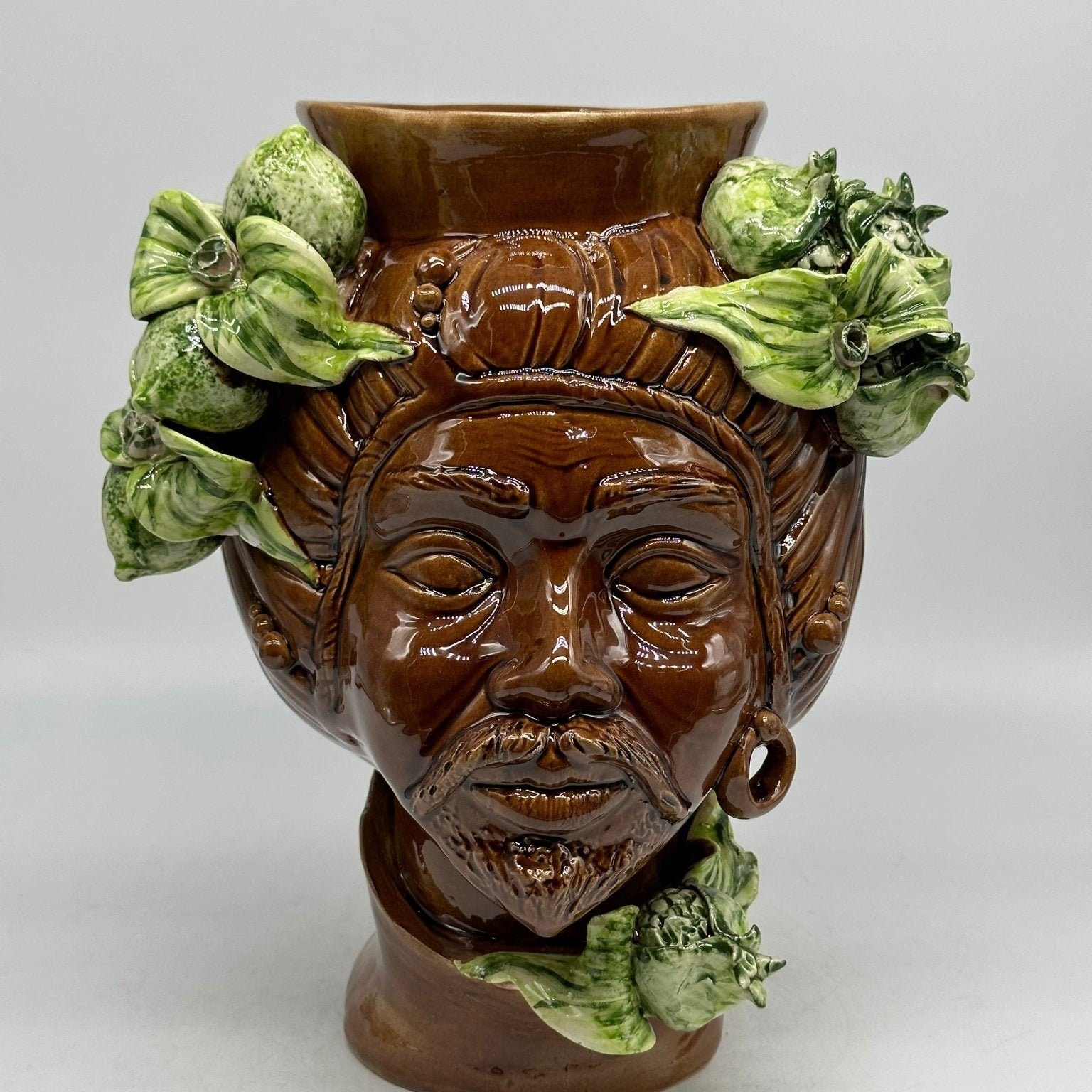 Teste di Moro Mediterraneo Ceramica Caltagirone cm H.29 L.22 Artigianale Marrone Verde - DD CERAMICHE SICILIANE
