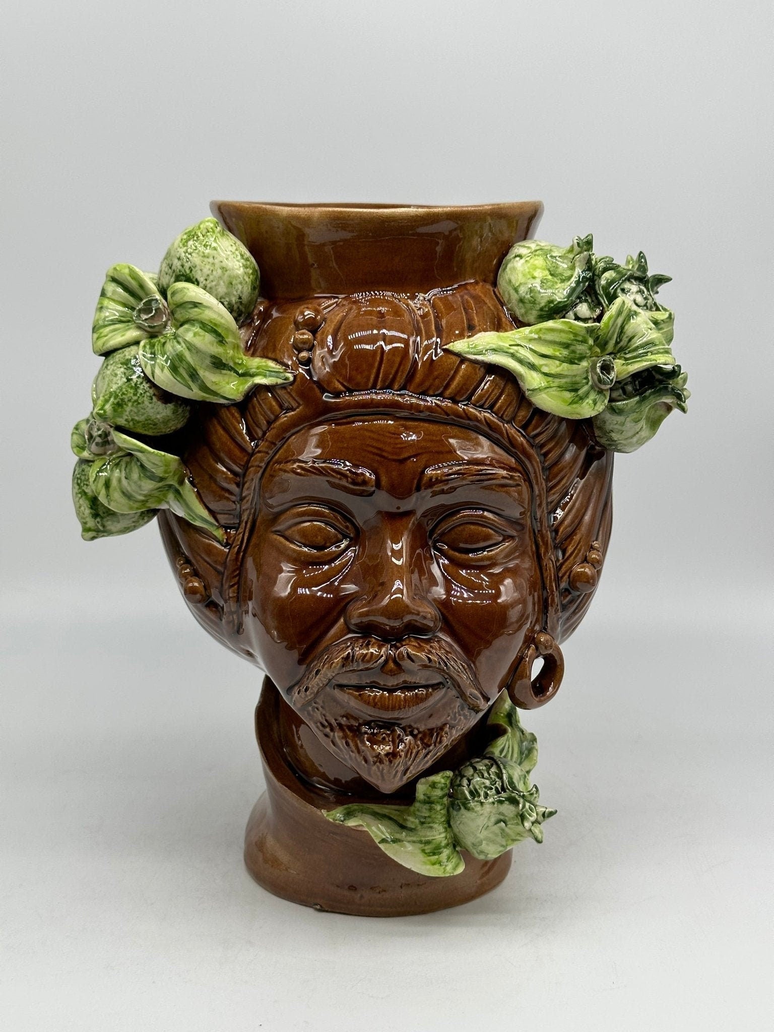 Teste di Moro Mediterraneo Ceramica Caltagirone cm H.29 L.22 Artigianale Marrone Verde - DD CERAMICHE SICILIANE