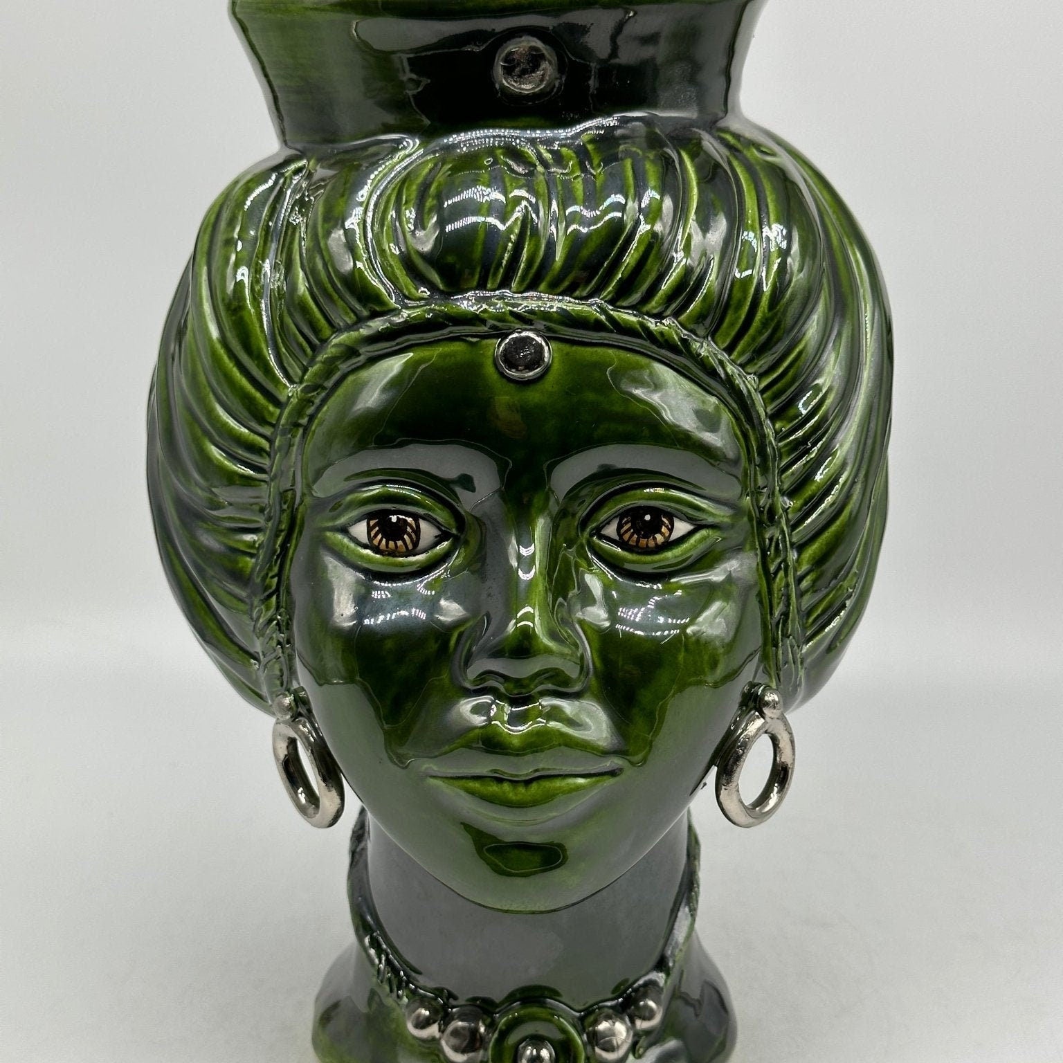 Teste di Moro Mediterraneo Ceramica Caltagirone cm H.29 L.22 Artigianale Verde Platino - DD CERAMICHE SICILIANE