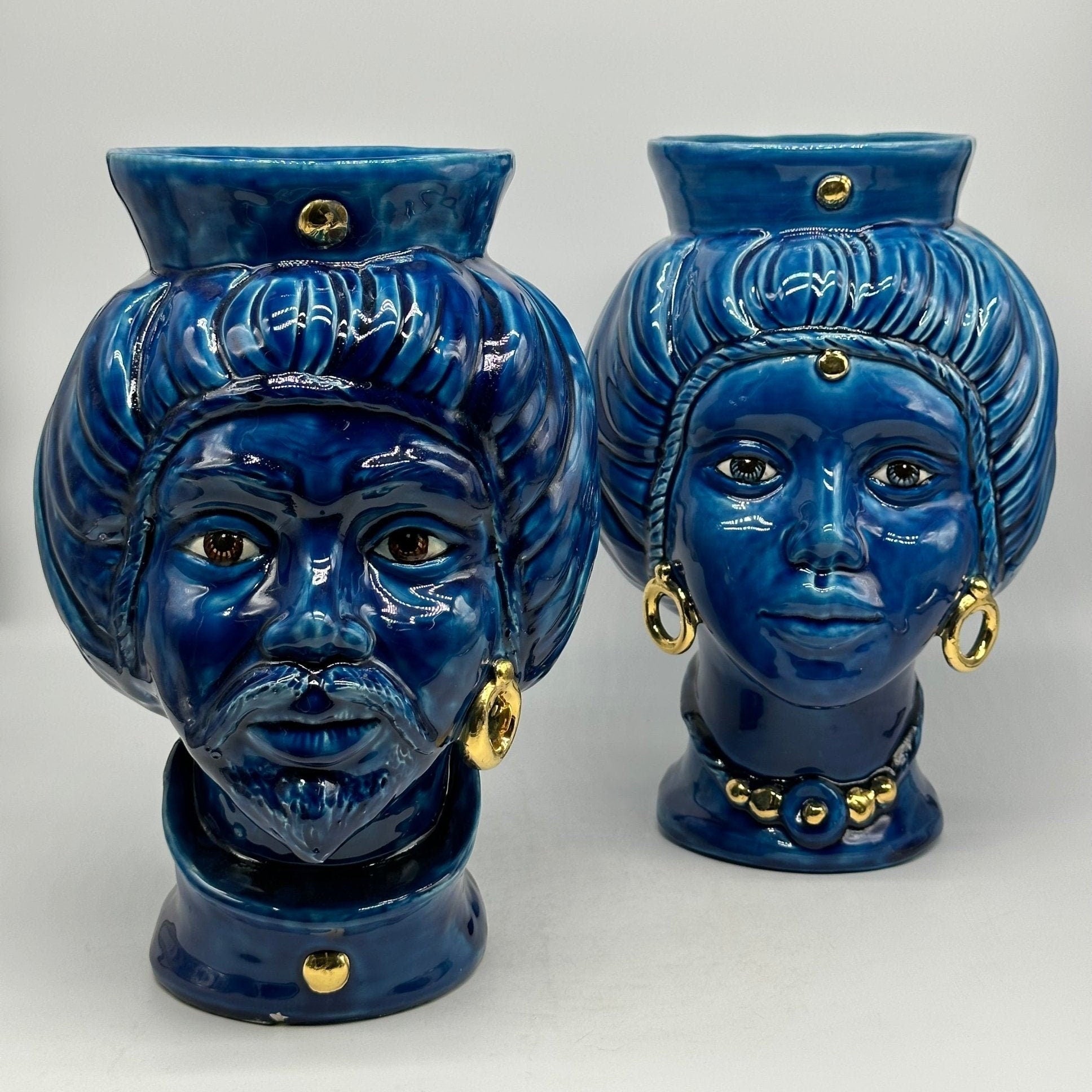 Teste di Moro Mediterraneo Ceramica Caltagirone cm H.29 L.22 Artigianale Blu Oro - DD CERAMICHE SICILIANE