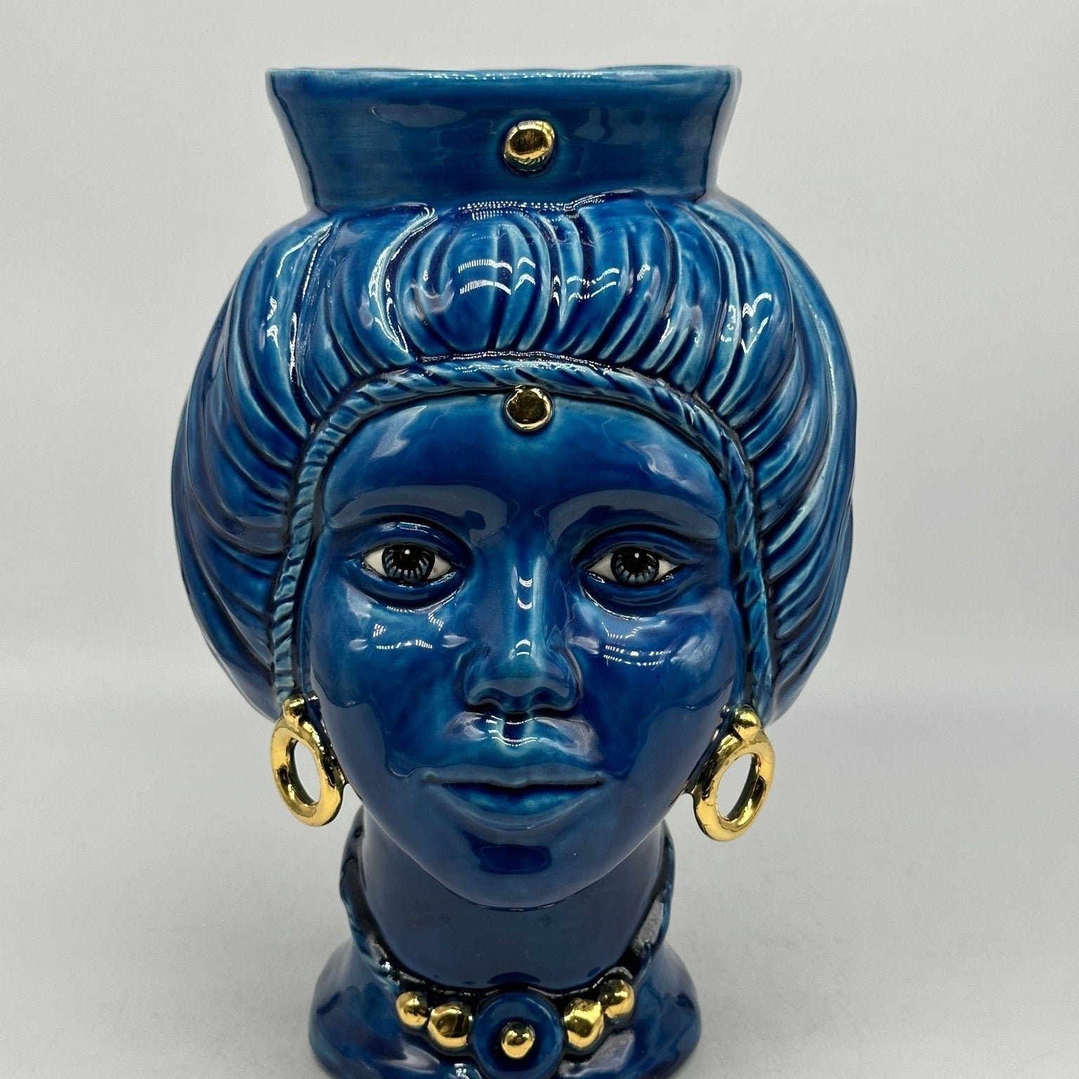Teste di Moro Mediterraneo Ceramica Caltagirone cm H.29 L.22 Artigianale Blu Oro - DD CERAMICHE SICILIANE