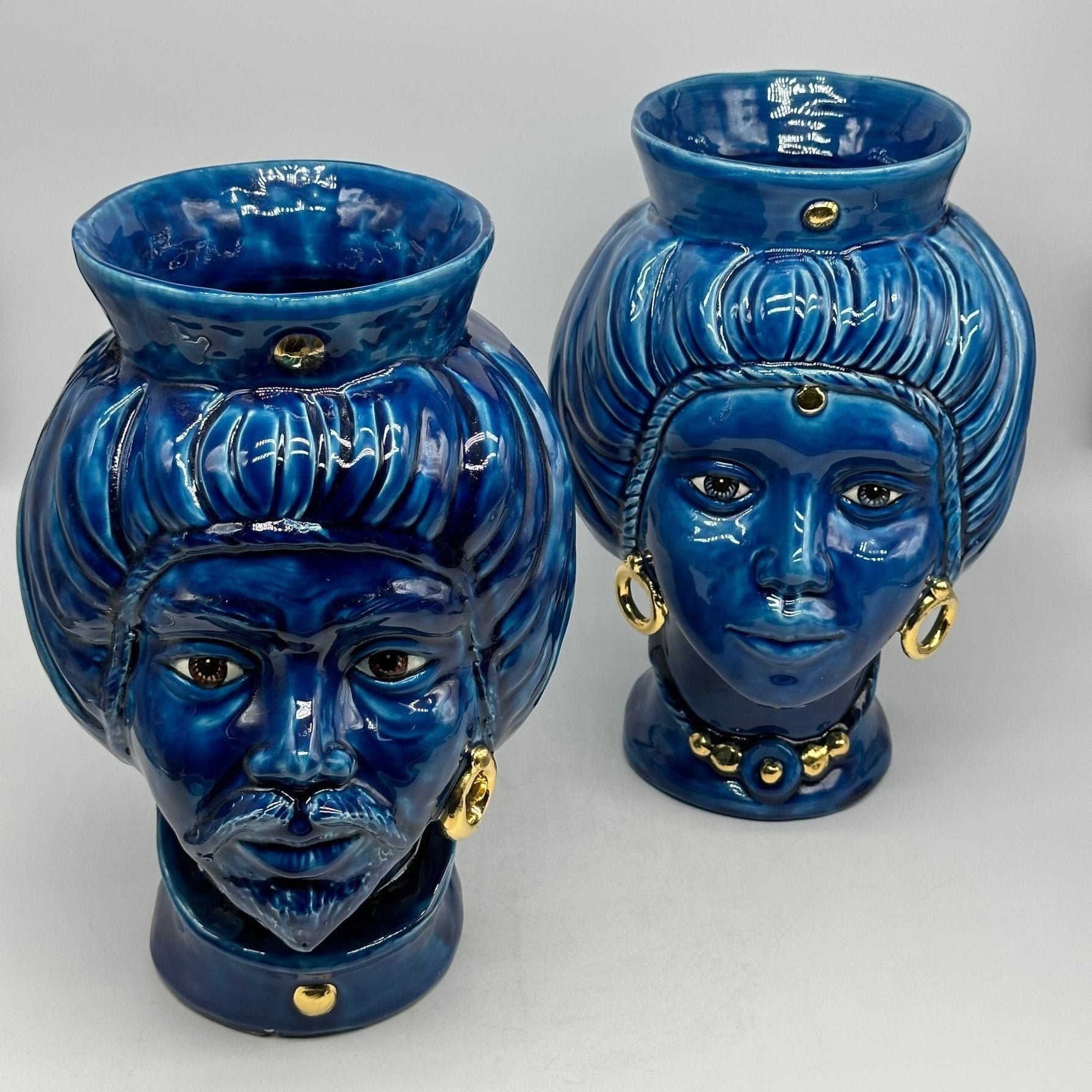 Teste di Moro Mediterraneo Ceramica Caltagirone cm H.29 L.22 Artigianale Blu Oro - DD CERAMICHE SICILIANE