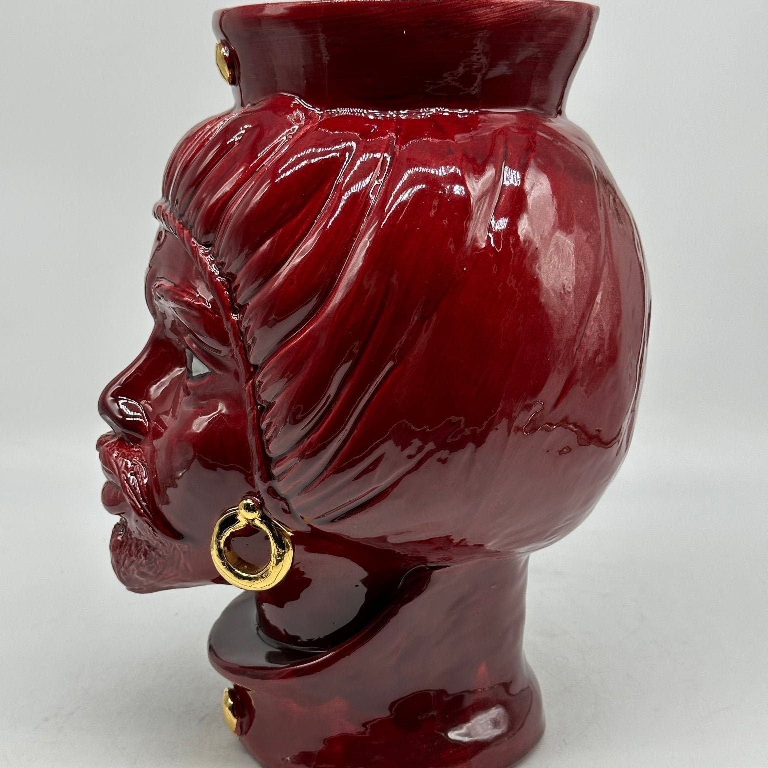 Teste di Moro Mediterraneo Ceramica Caltagirone cm H.29 L.22 Artigianale Bordeaux Oro - DD CERAMICHE SICILIANE