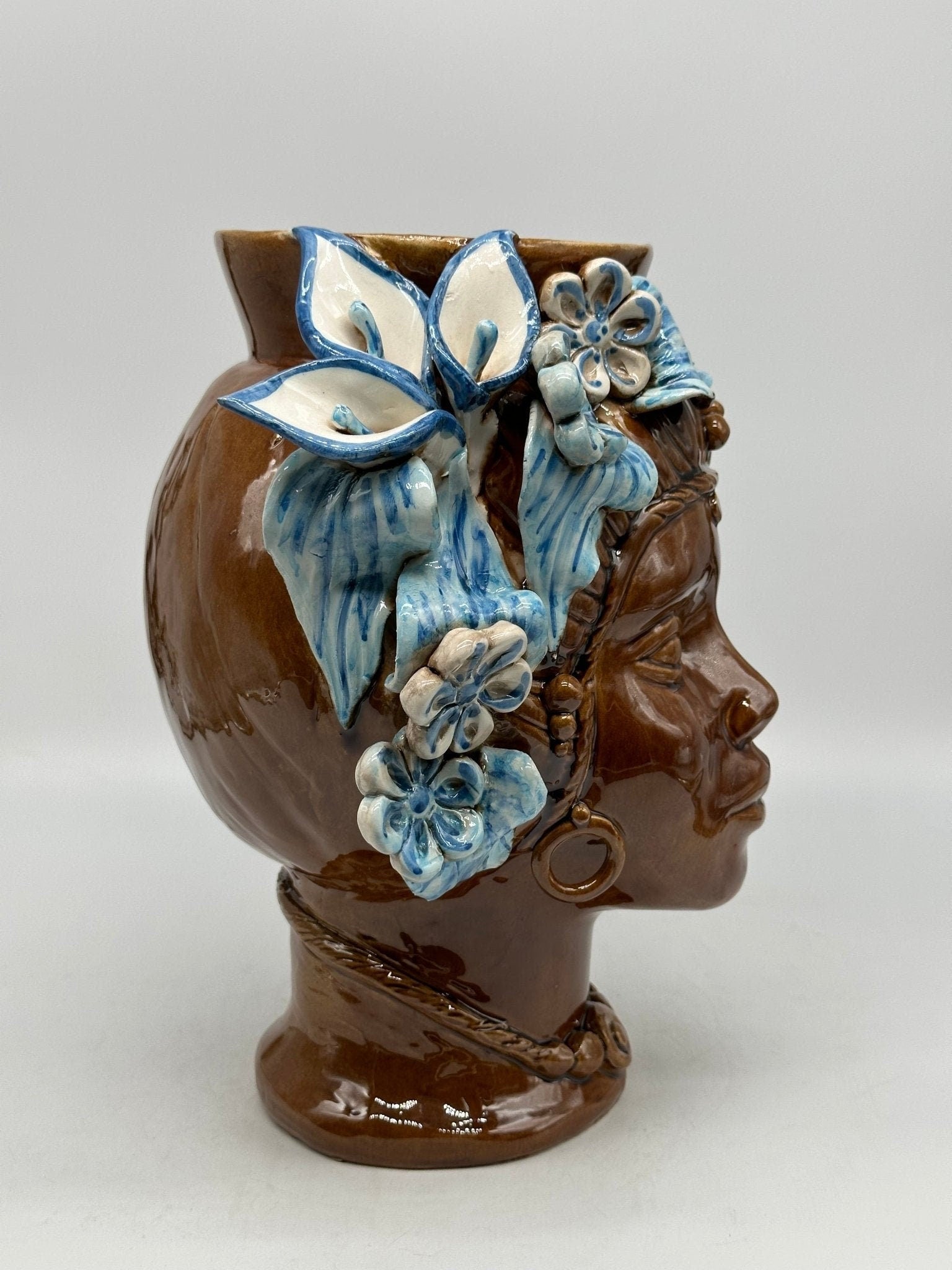 Teste di Moro Mediterraneo Ceramica Caltagirone cm H.29 L.22 Artigianale Marrone Azzurro - DD CERAMICHE SICILIANE