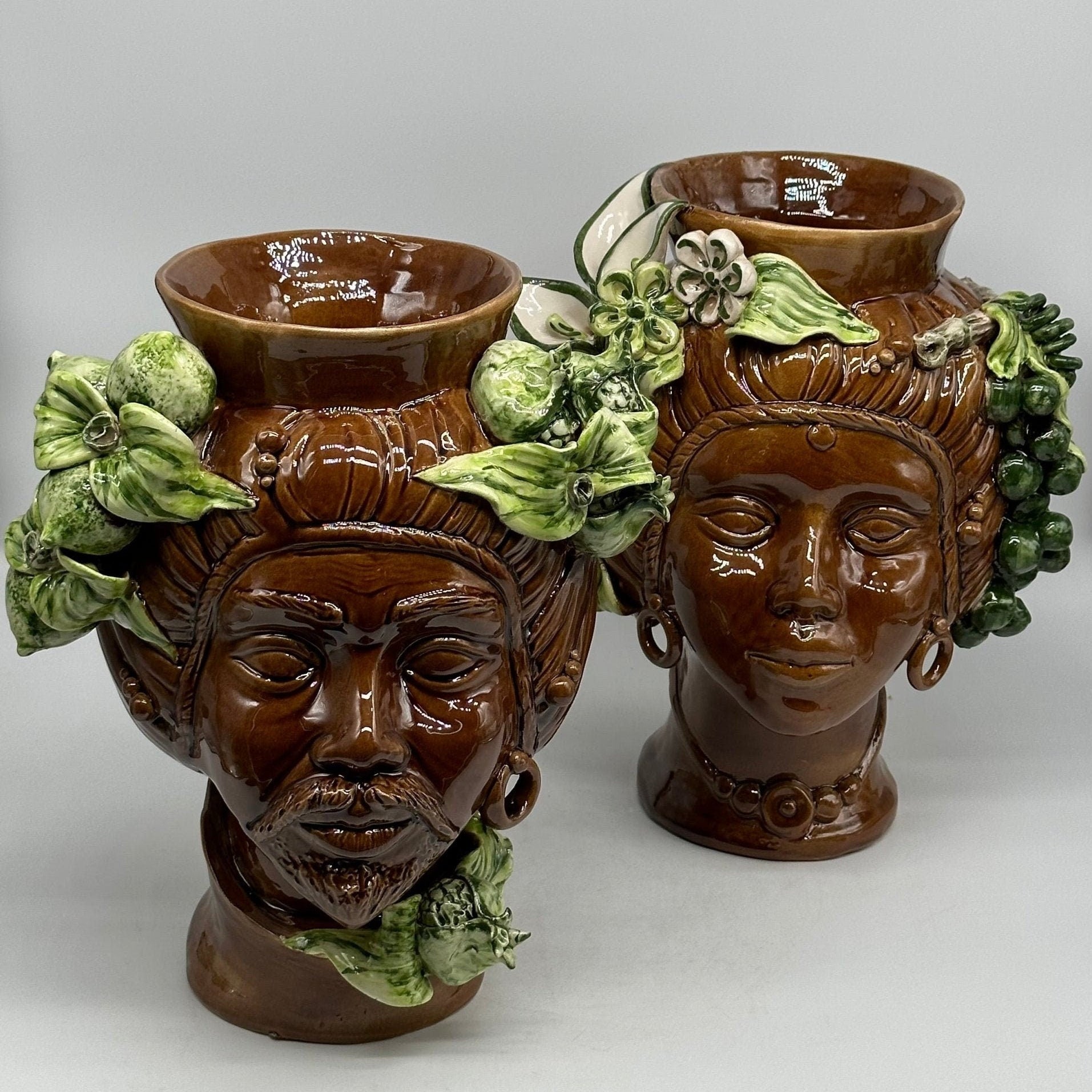 Teste di Moro Mediterraneo Ceramica Caltagirone cm H.29 L.22 Artigianale Marrone Verde - DD CERAMICHE SICILIANE