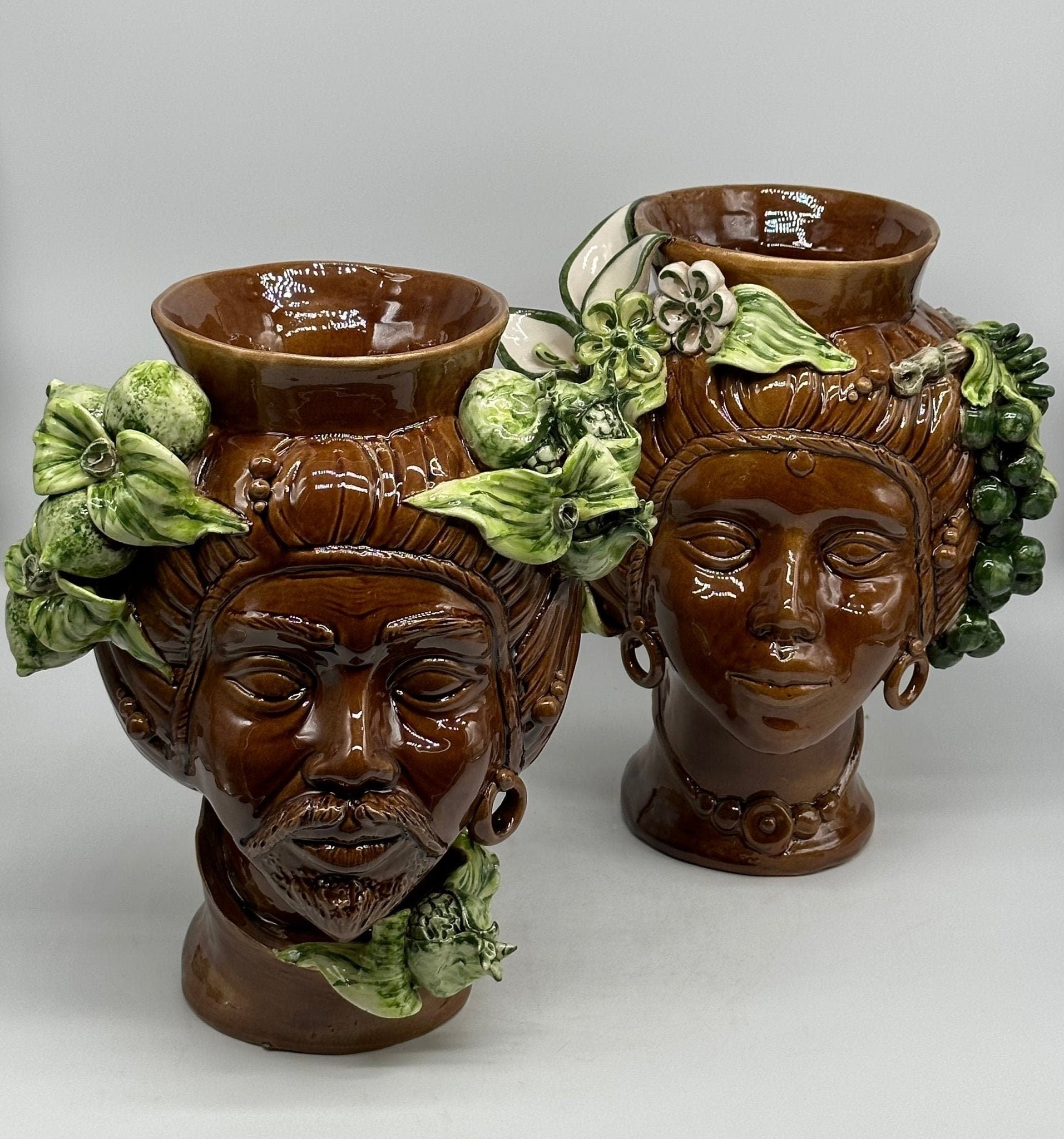 Teste di Moro Mediterraneo Ceramica Caltagirone cm H.29 L.22 Artigianale Marrone Verde - DD CERAMICHE SICILIANE