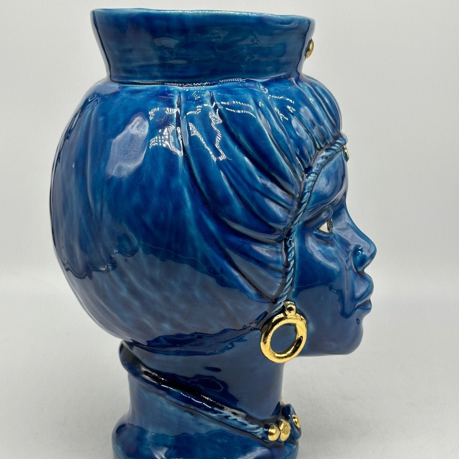 Teste di Moro Mediterraneo Ceramica Caltagirone cm H.29 L.22 Artigianale Blu Oro - DD CERAMICHE SICILIANE