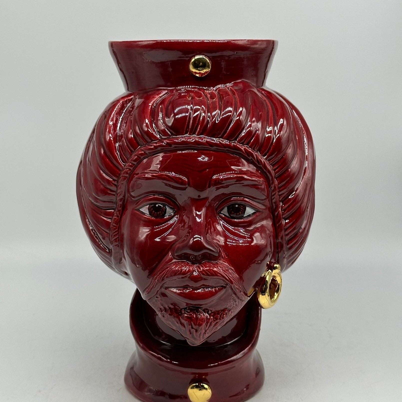 Teste di Moro Mediterraneo Ceramica Caltagirone cm H.29 L.22 Artigianale Bordeaux Oro - DD CERAMICHE SICILIANE