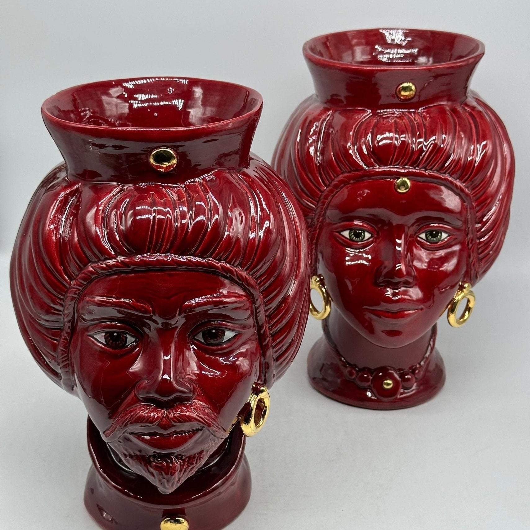 Teste di Moro Mediterraneo Ceramica Caltagirone cm H.29 L.22 Artigianale Bordeaux Oro - DD CERAMICHE SICILIANE