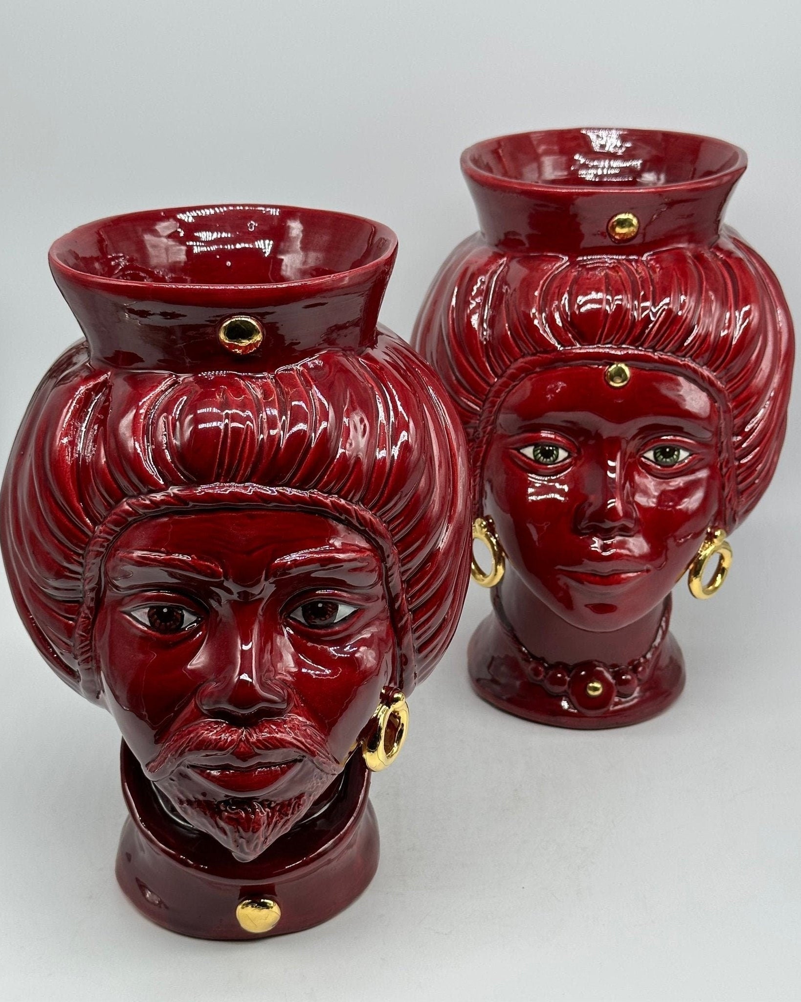 Teste di Moro Mediterraneo Ceramica Caltagirone cm H.29 L.22 Artigianale Bordeaux Oro - DD CERAMICHE SICILIANE