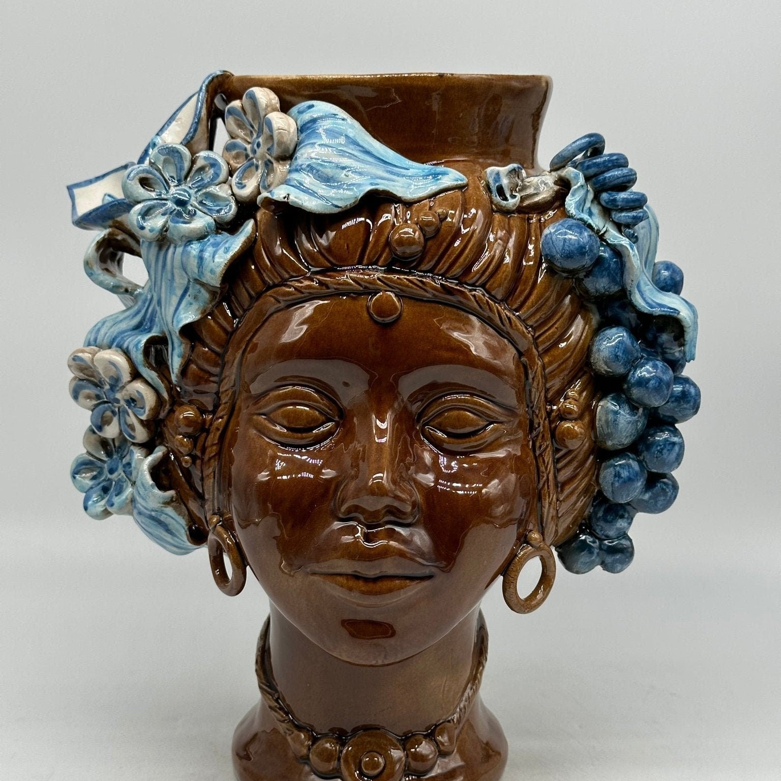 Teste di Moro Mediterraneo Ceramica Caltagirone cm H.29 L.22 Artigianale Marrone Azzurro - DD CERAMICHE SICILIANE