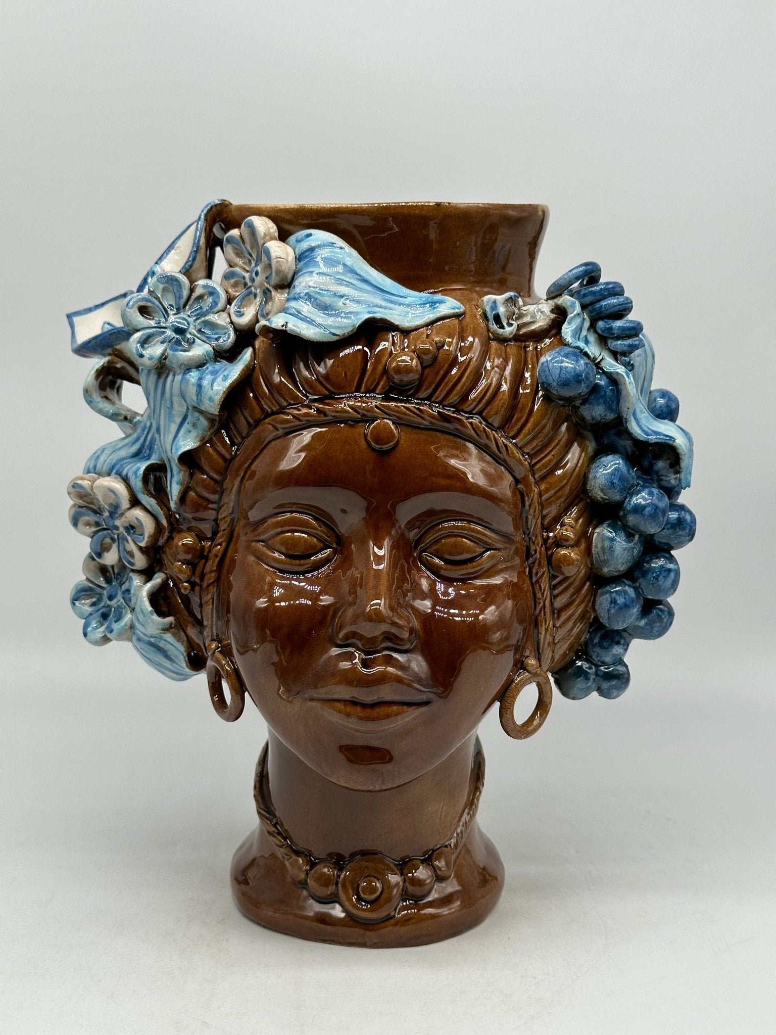 Teste di Moro Mediterraneo Ceramica Caltagirone cm H.29 L.22 Artigianale Marrone Azzurro - DD CERAMICHE SICILIANE