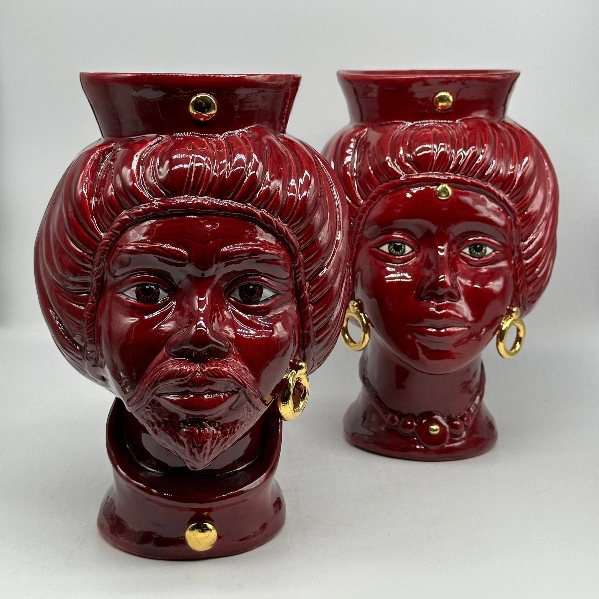 Teste di Moro Mediterraneo Ceramica Caltagirone cm H.29 L.22 Artigianale Bordeaux Oro - DD CERAMICHE SICILIANE