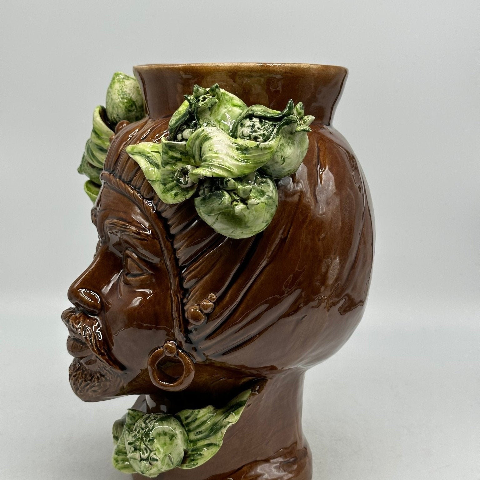 Teste di Moro Mediterraneo Ceramica Caltagirone cm H.29 L.22 Artigianale Marrone Verde - DD CERAMICHE SICILIANE