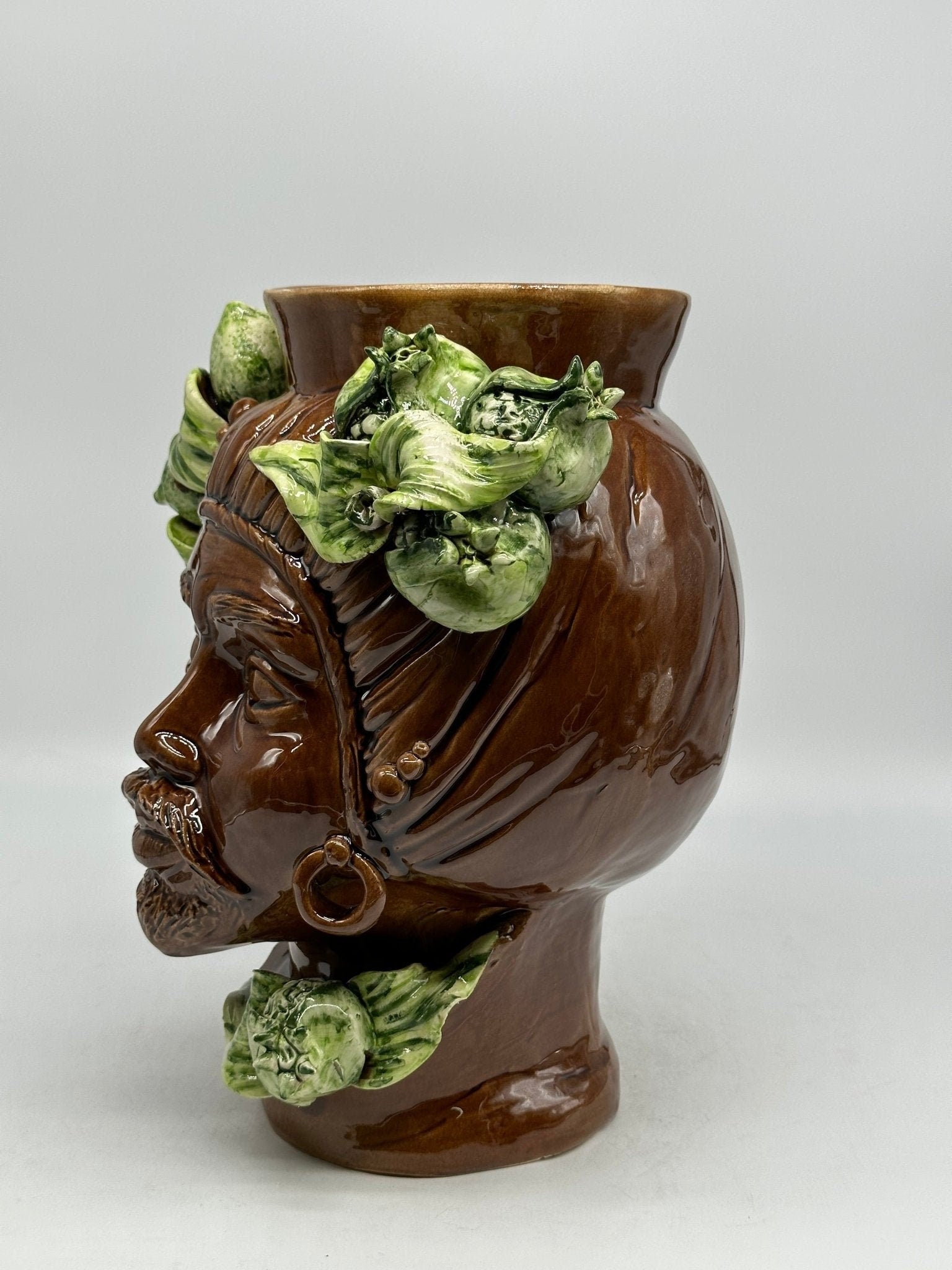 Teste di Moro Mediterraneo Ceramica Caltagirone cm H.29 L.22 Artigianale Marrone Verde - DD CERAMICHE SICILIANE