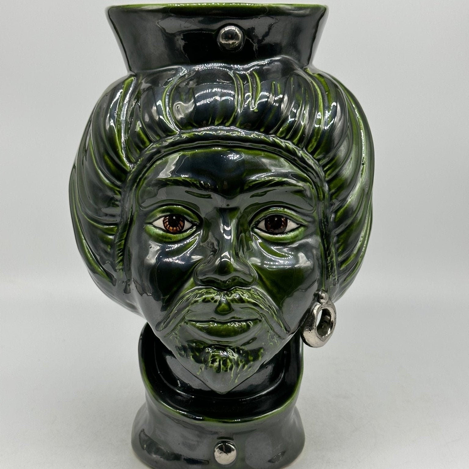 Teste di Moro Mediterraneo Ceramica Caltagirone cm H.29 L.22 Artigianale Verde Platino - DD CERAMICHE SICILIANE