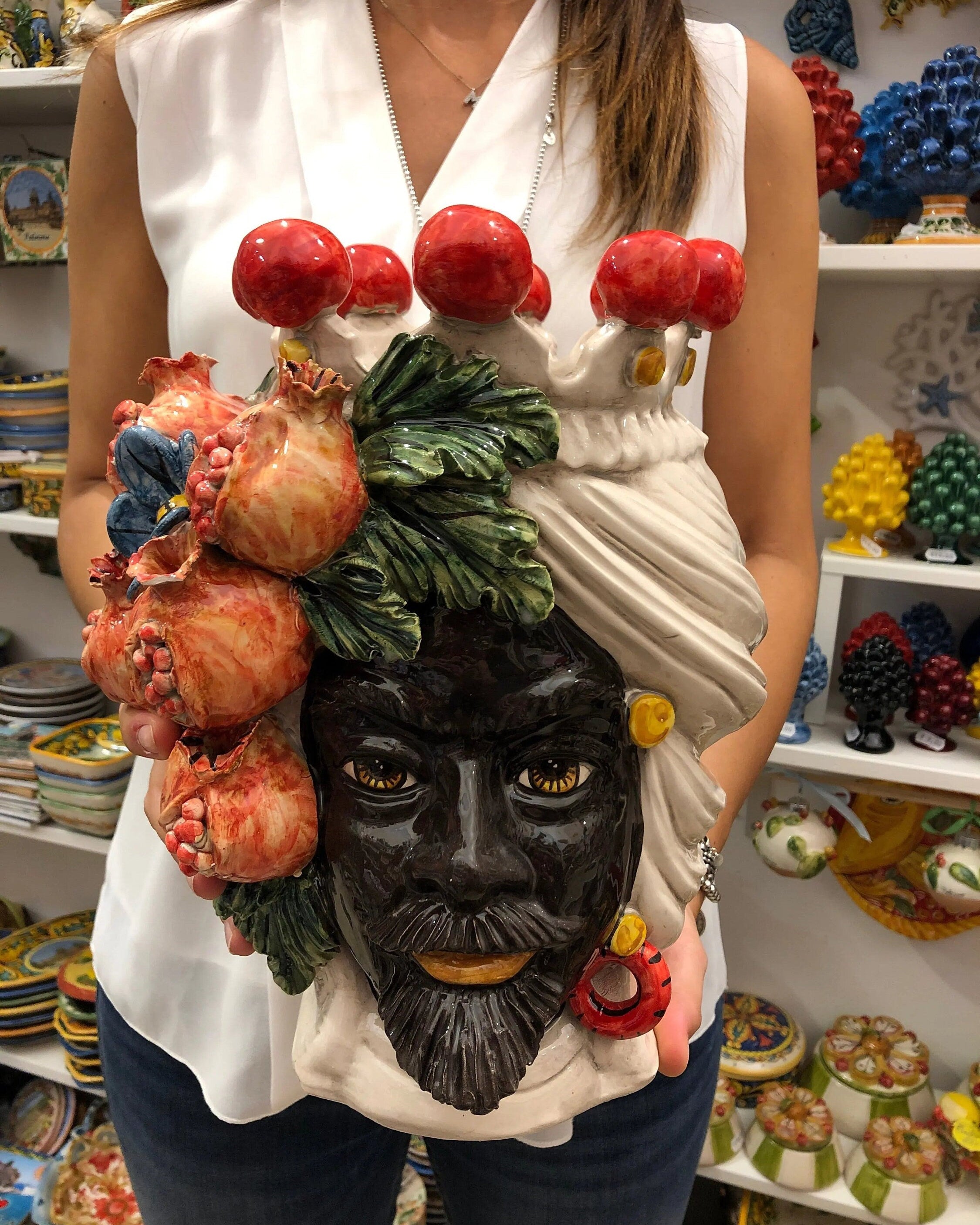 Teste di Moro Melograno Ceramica Caltagirone cm H.30 L.23 Artigianale DD CERAMICHE SICILIANE