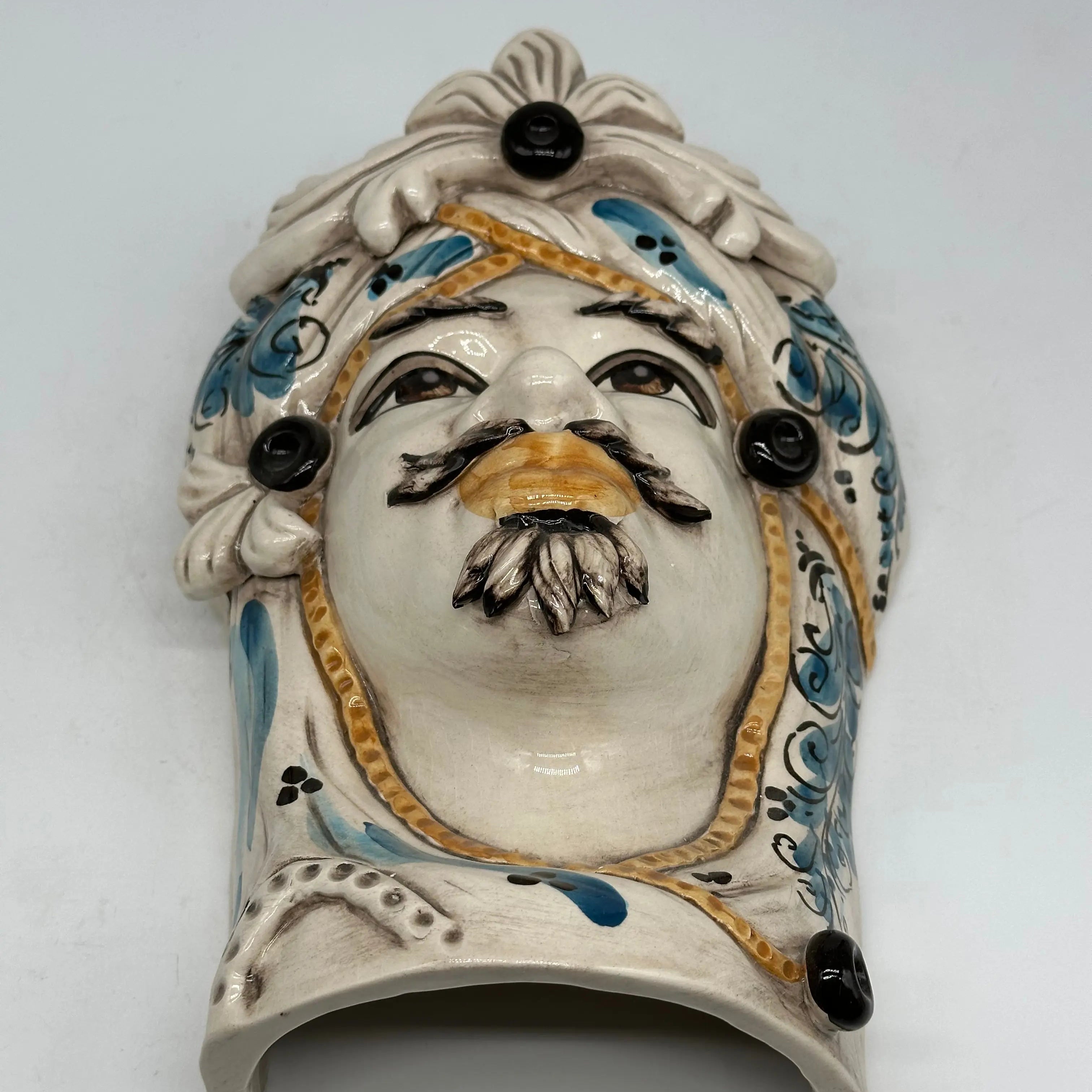 Teste di Moro Moresca Applique Ceramica Caltagirone cm H.28 L.20 Barocco Ocra Blu DD CERAMICHE SICILIANE