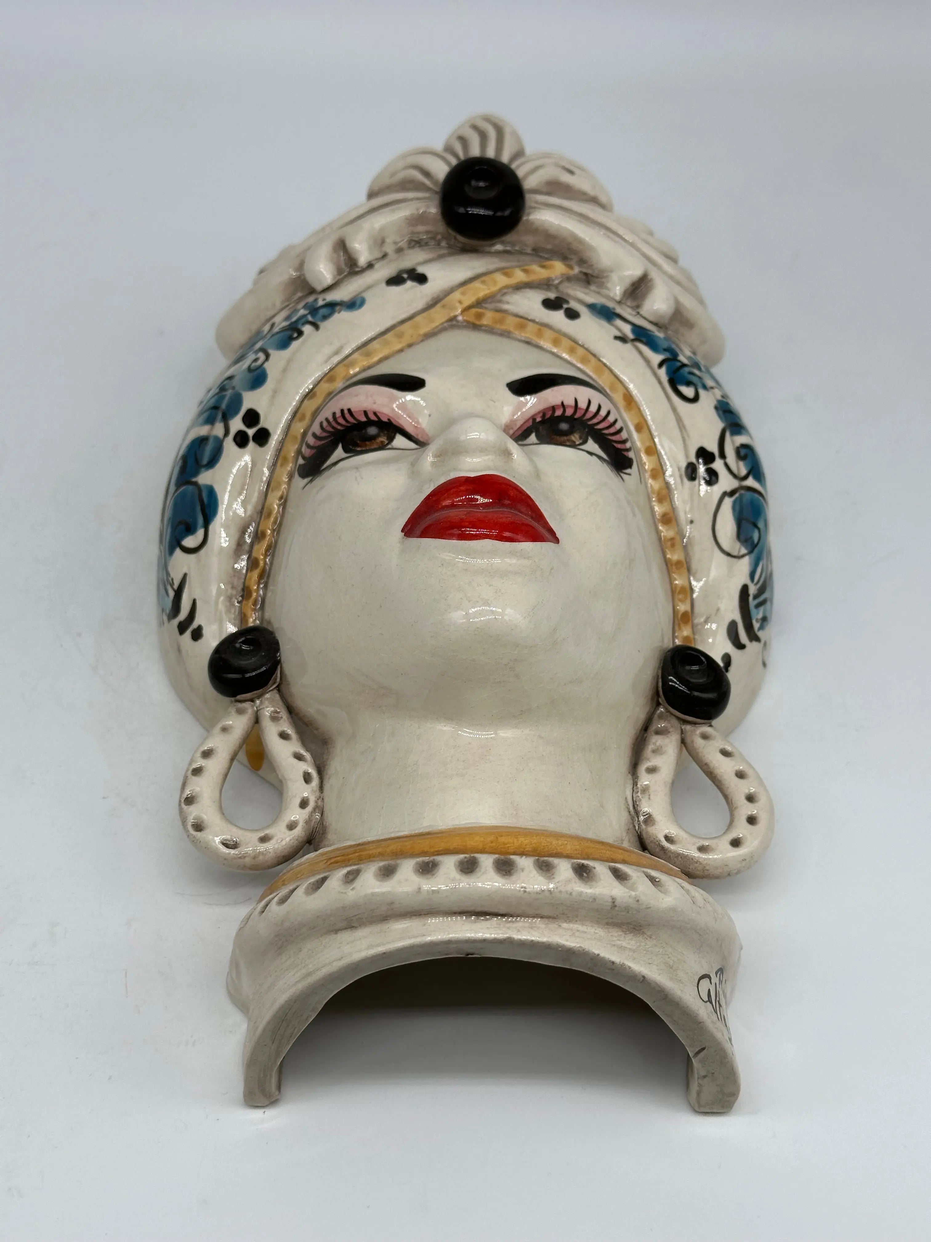 Teste di Moro Moresca Applique Ceramica Caltagirone cm H.28 L.20 Barocco Ocra Blu DD CERAMICHE SICILIANE