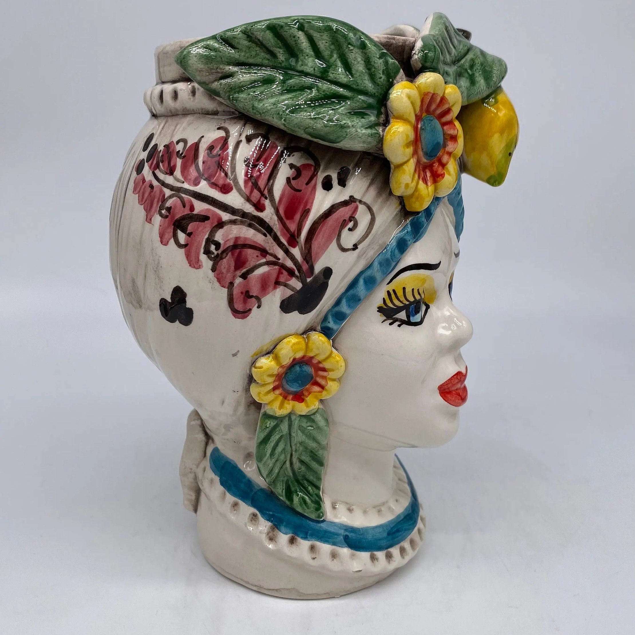 Teste di Moro Moresca Ceramica Caltagirone cm H.20 L.12 Artigianale Turbante Barocco Fiori Limoni DD CERAMICHE SICILIANE