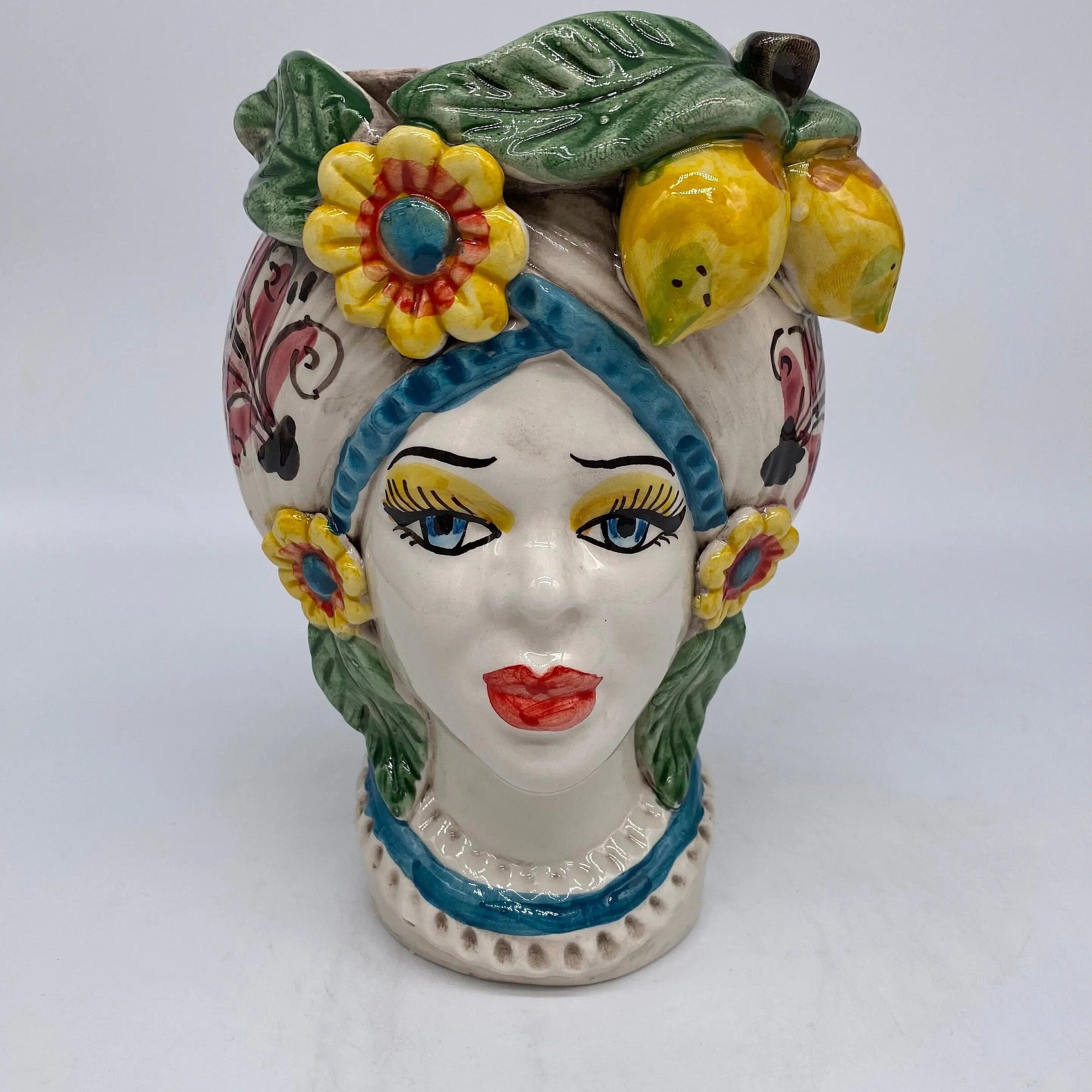 Teste di Moro Moresca Ceramica Caltagirone cm H.20 L.12 Artigianale Turbante Barocco Fiori Limoni DD CERAMICHE SICILIANE