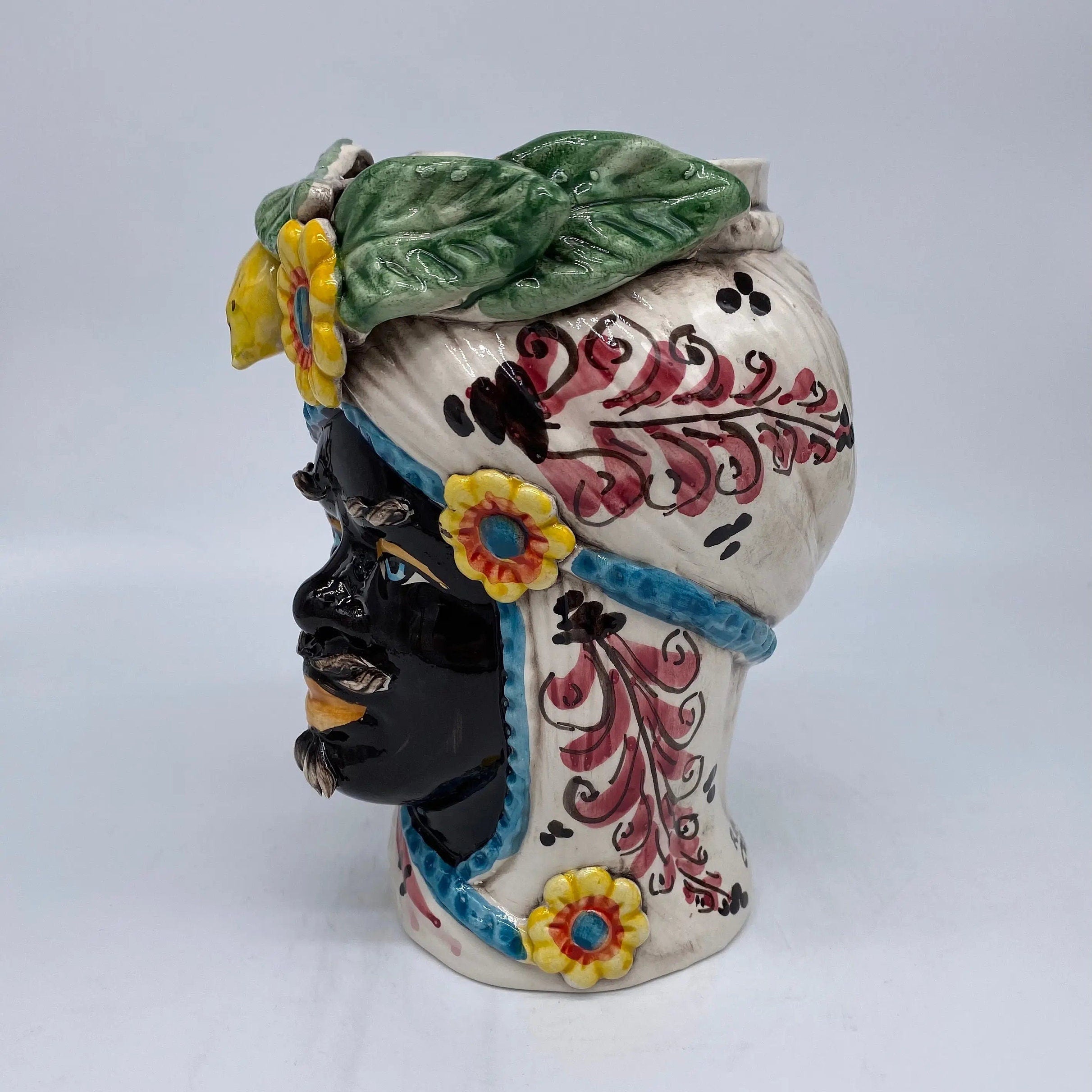 Teste di Moro Moresca Ceramica Caltagirone cm H.20 L.12 Artigianale Turbante Barocco Fiori Limoni DD CERAMICHE SICILIANE
