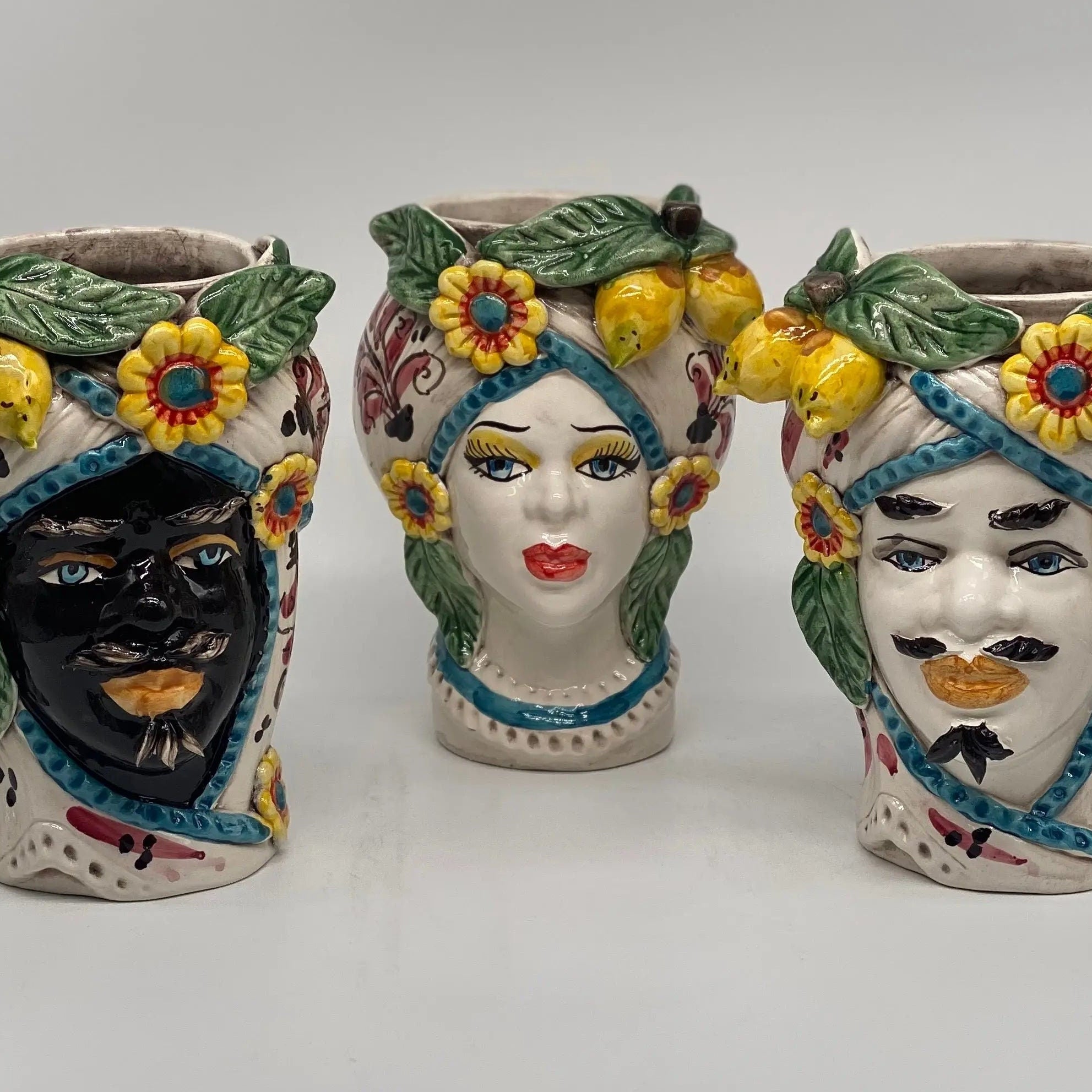 Teste di Moro Moresca Ceramica Caltagirone cm H.20 L.12 Artigianale Turbante Barocco Fiori Limoni DD CERAMICHE SICILIANE