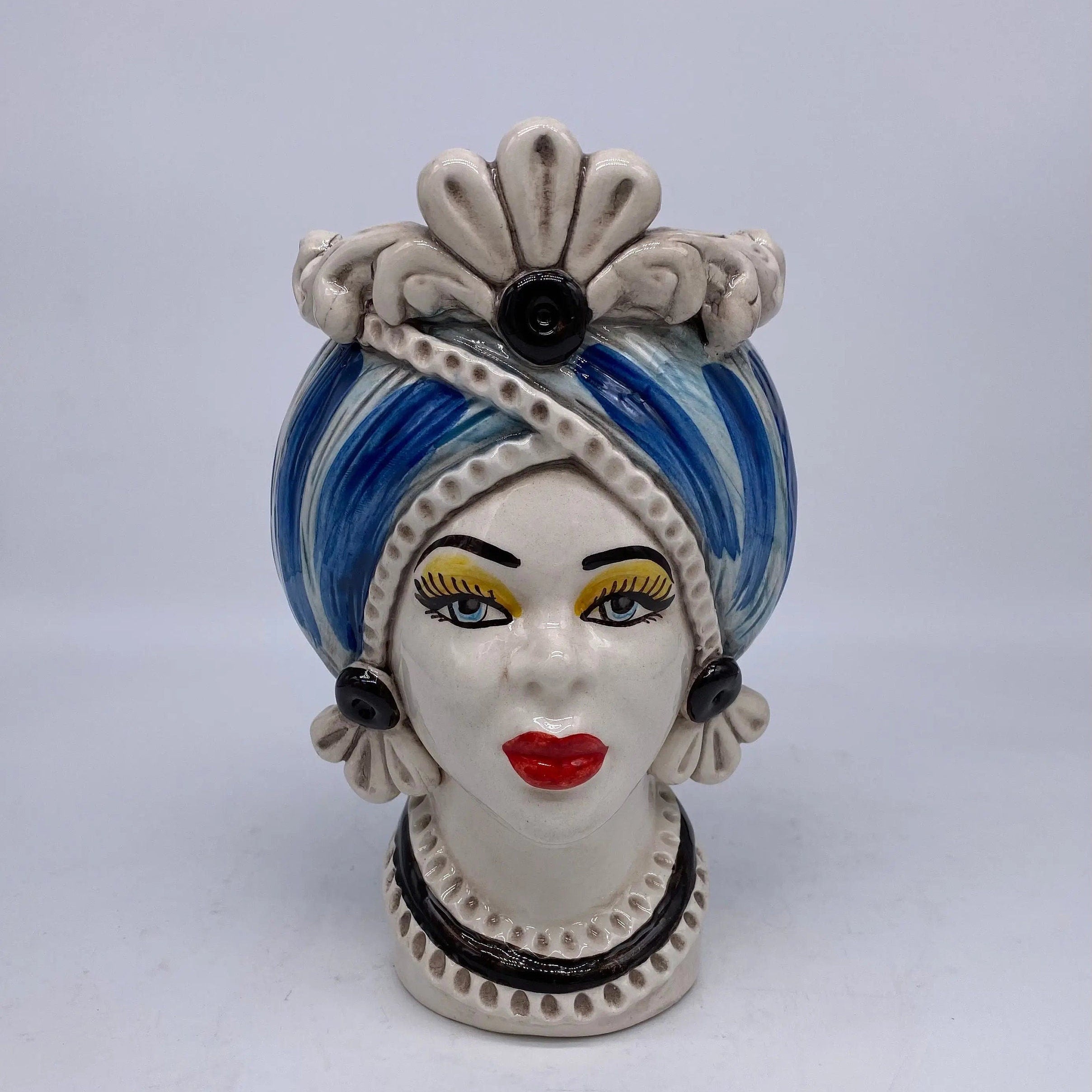 Teste di Moro Moresca Ceramica Caltagirone cm H.20 L.12 Artigianale Turbante Azzurro DD CERAMICHE SICILIANE