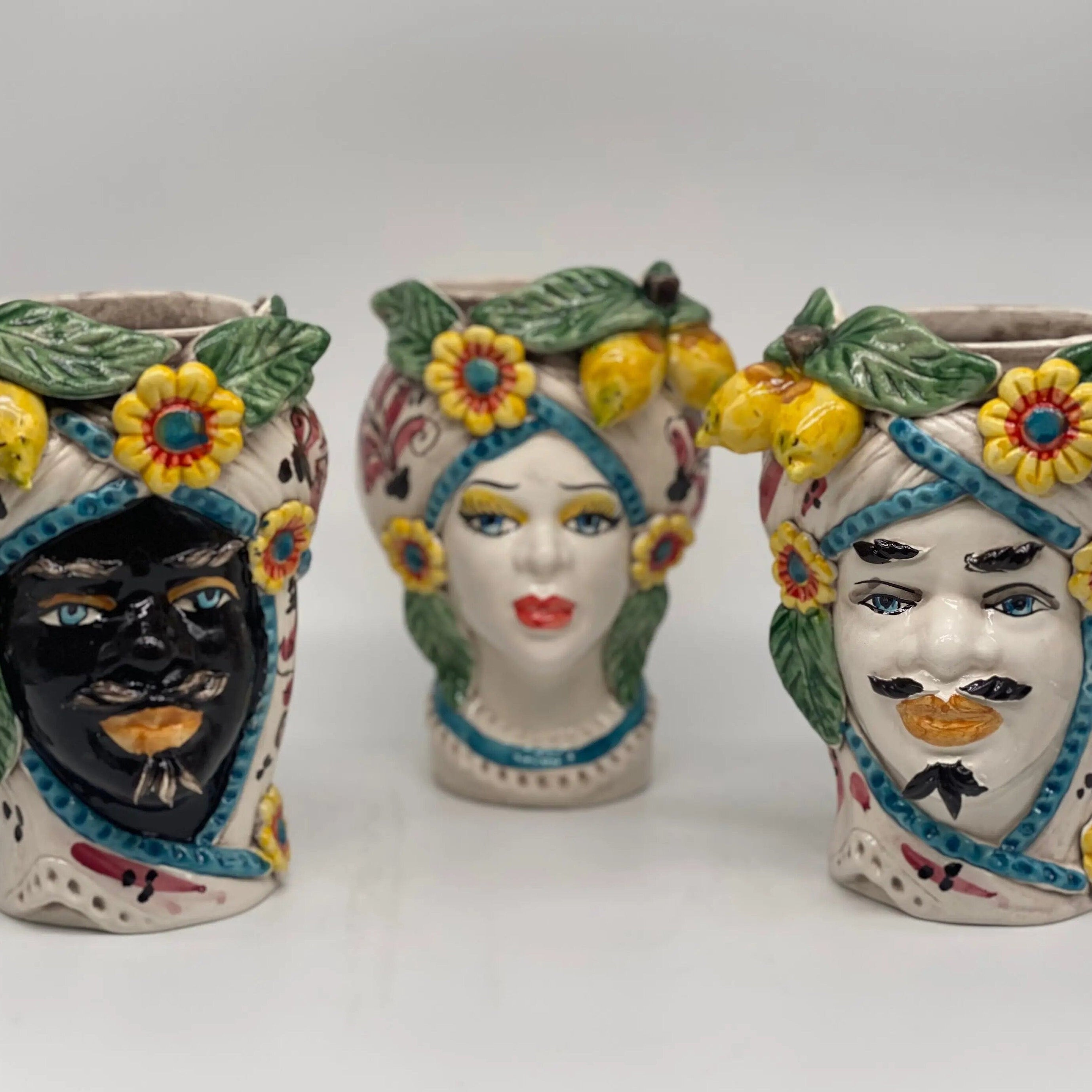 Teste di Moro Moresca Ceramica Caltagirone cm H.20 L.12 Artigianale Turbante Barocco Fiori Limoni DD CERAMICHE SICILIANE