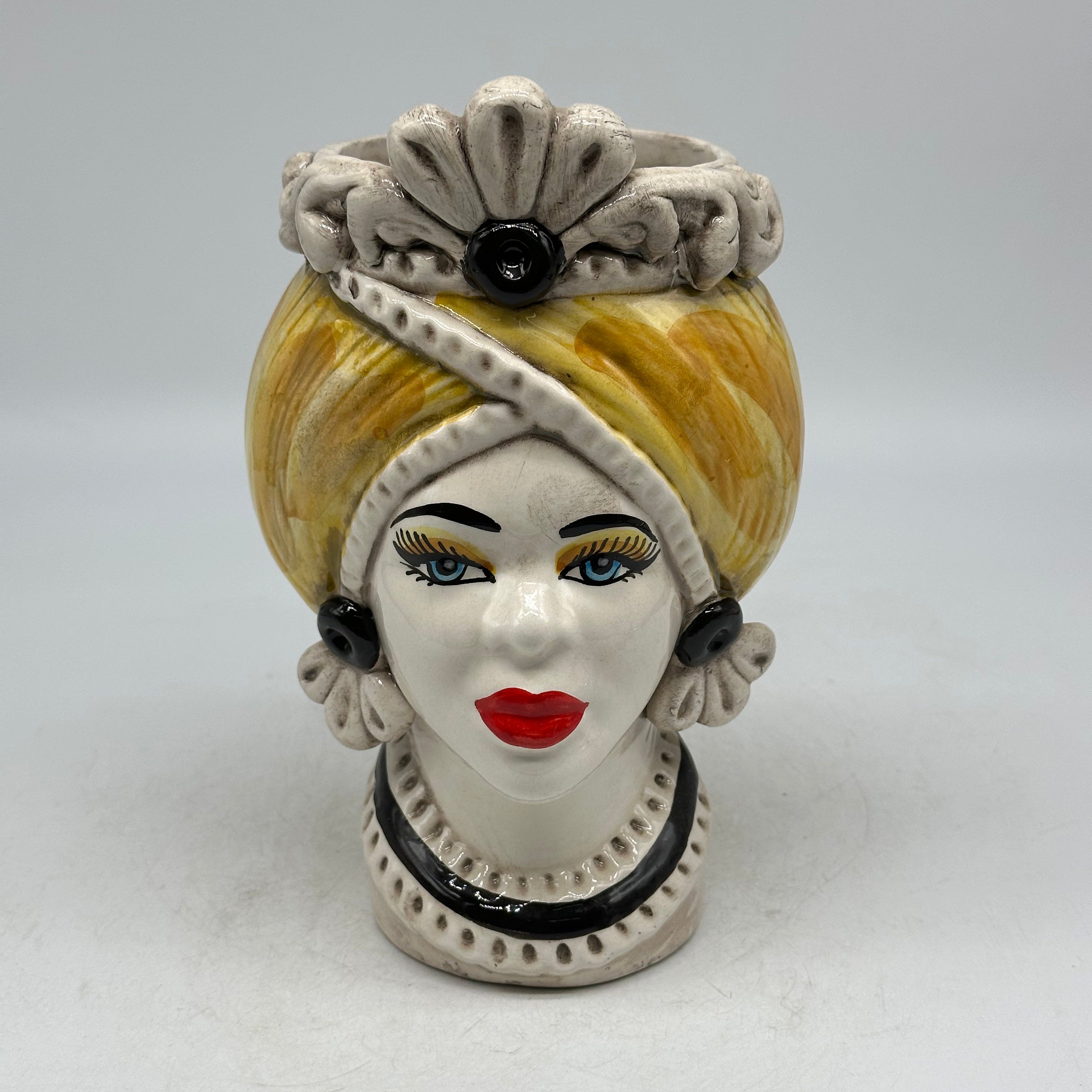 Teste di Moro Moresca Ceramica Caltagirone cm H.20 L.12 Artigianale Turbante Ocra - Donna - TESTE DI MORO