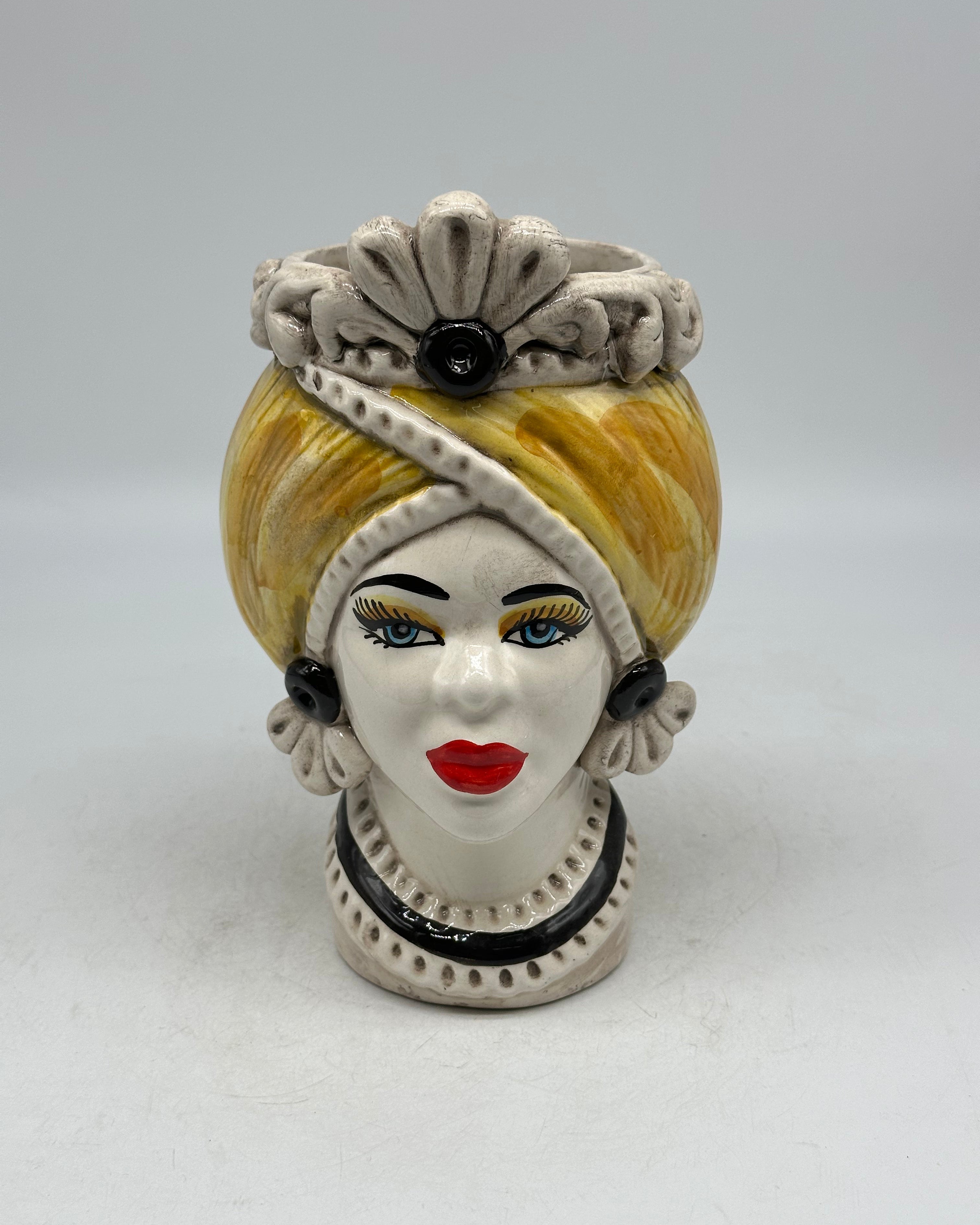 Teste di Moro Moresca Ceramica Caltagirone cm H.20 L.12 Artigianale Turbante Ocra - Donna - TESTE DI MORO