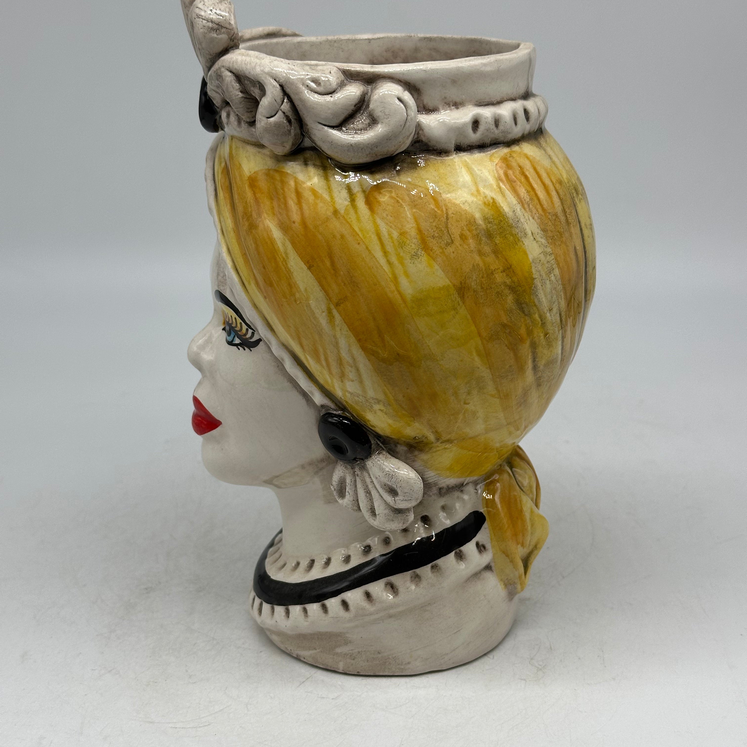 Teste di Moro Moresca Ceramica Caltagirone cm H.20 L.12 Artigianale Turbante Ocra - TESTE DI MORO