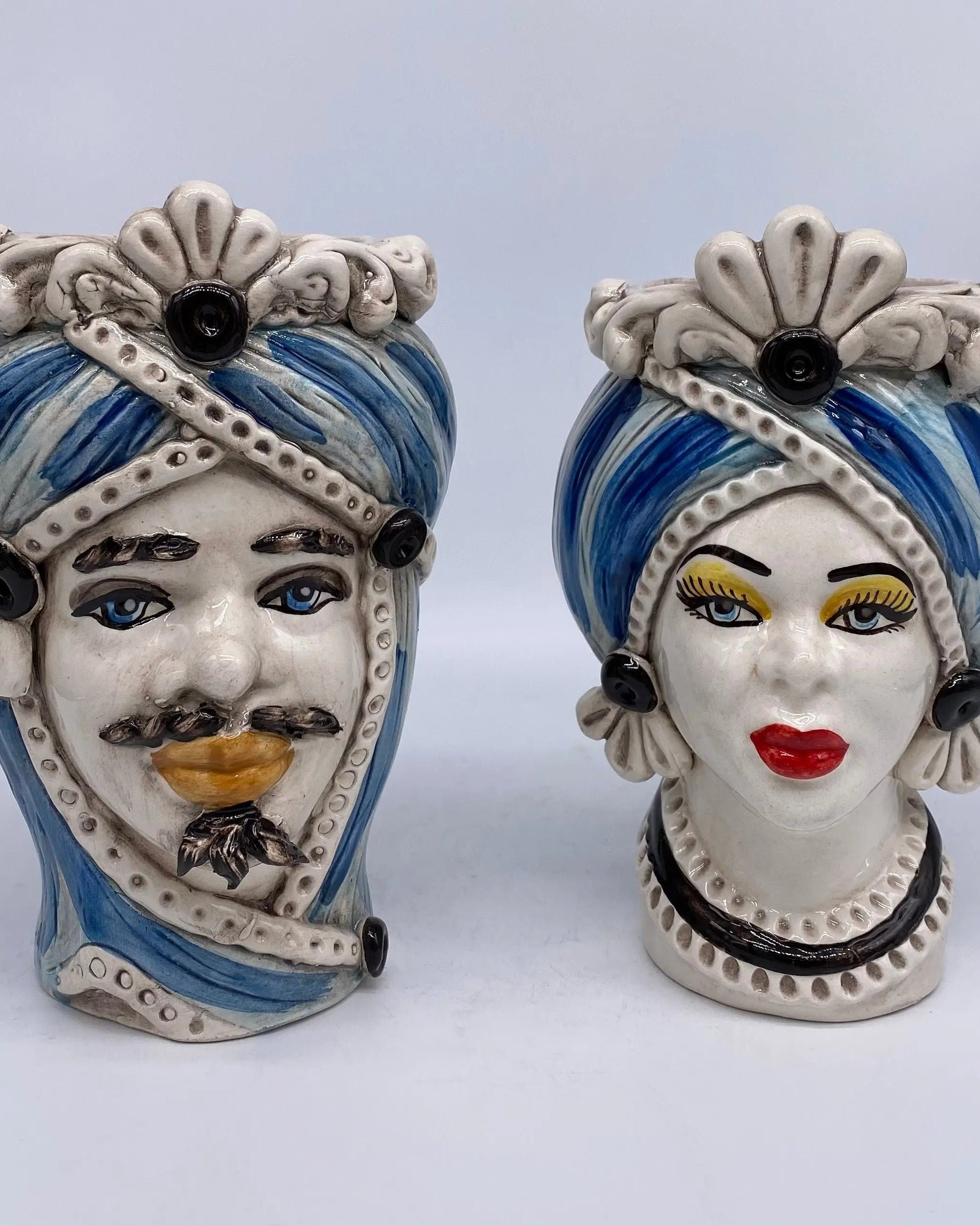 Teste di Moro Moresca Ceramica Caltagirone cm H.20 L.12 Artigianale Turbante Azzurro DD CERAMICHE SICILIANE