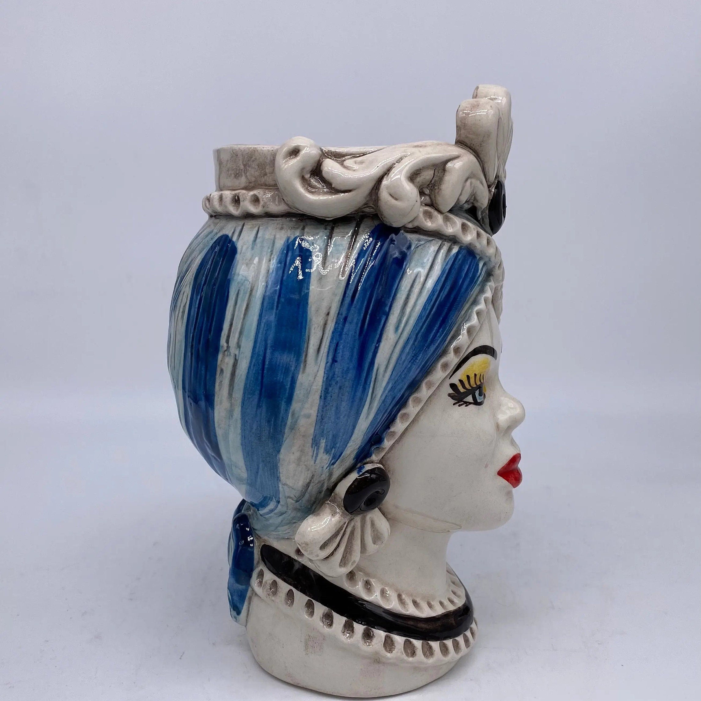 Teste di Moro Moresca Ceramica Caltagirone cm H.20 L.12 Artigianale Turbante Azzurro DD CERAMICHE SICILIANE