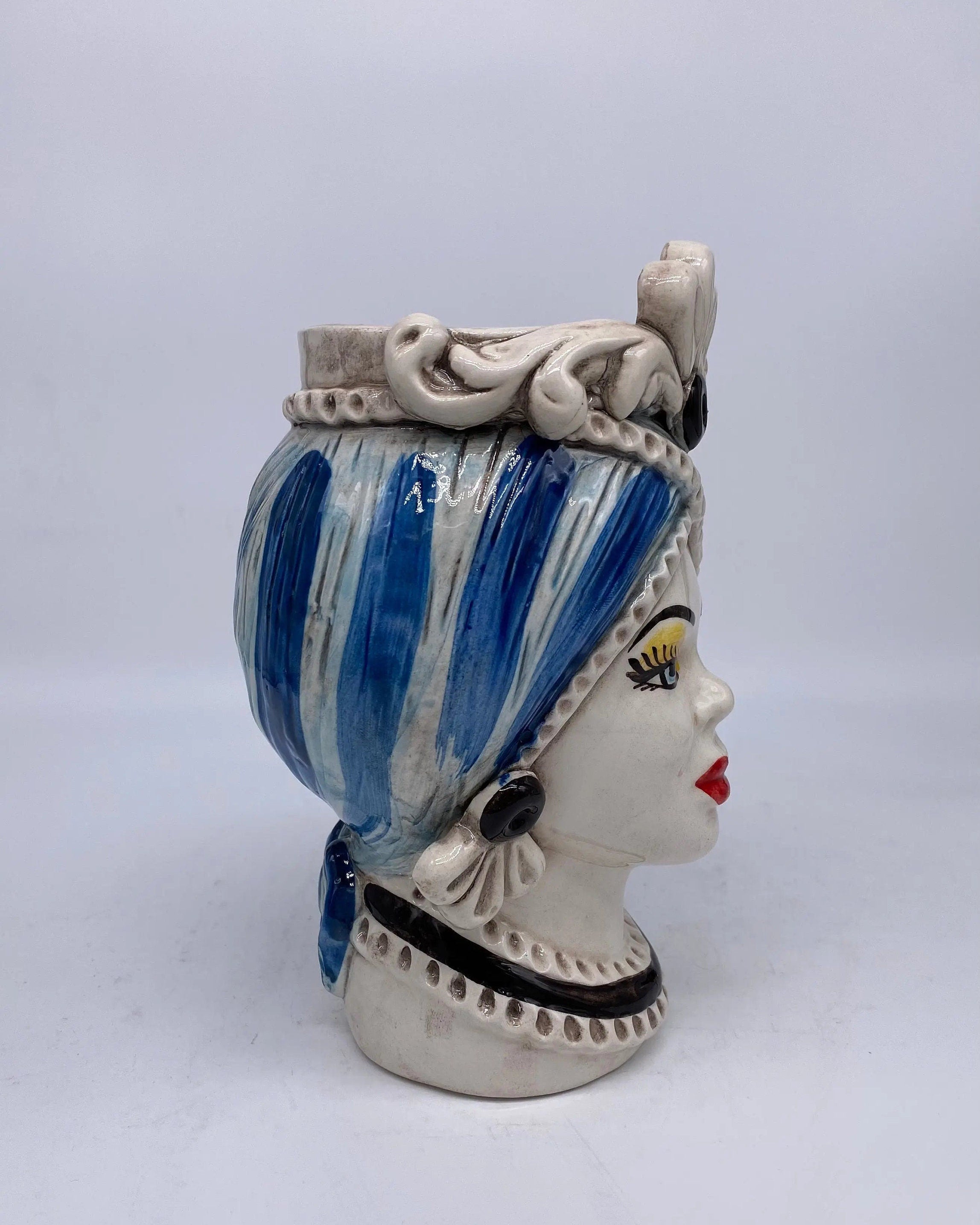 Teste di Moro Moresca Ceramica Caltagirone cm H.20 L.12 Artigianale Turbante Azzurro DD CERAMICHE SICILIANE