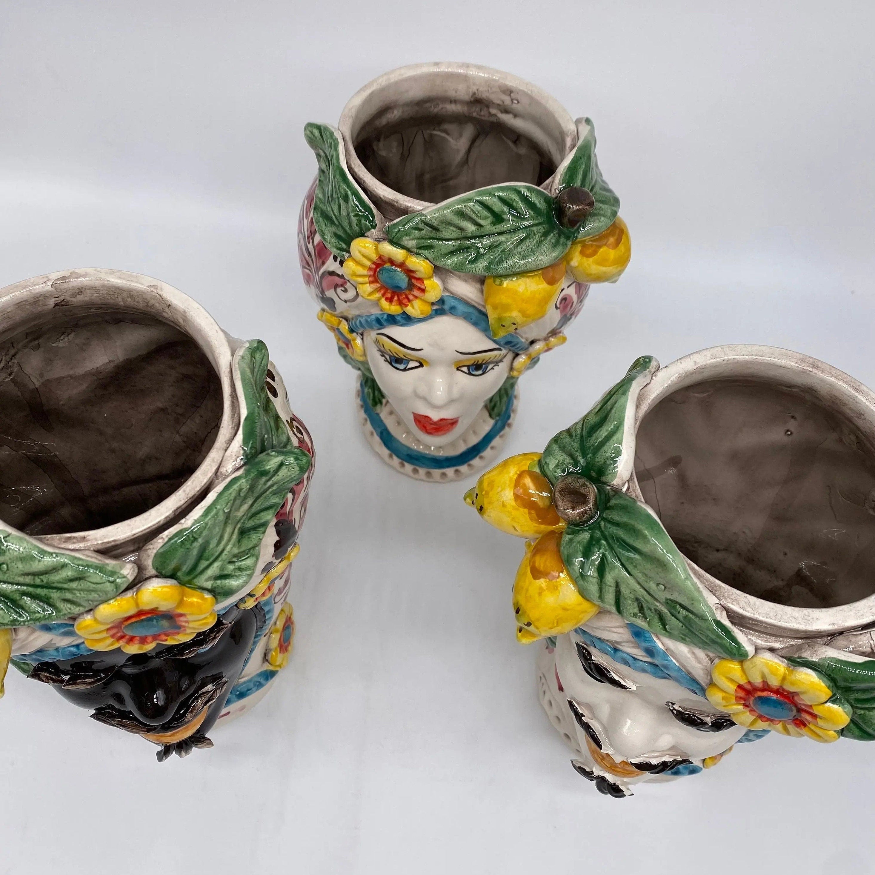 Teste di Moro Moresca Ceramica Caltagirone cm H.20 L.12 Artigianale Turbante Barocco Fiori Limoni DD CERAMICHE SICILIANE