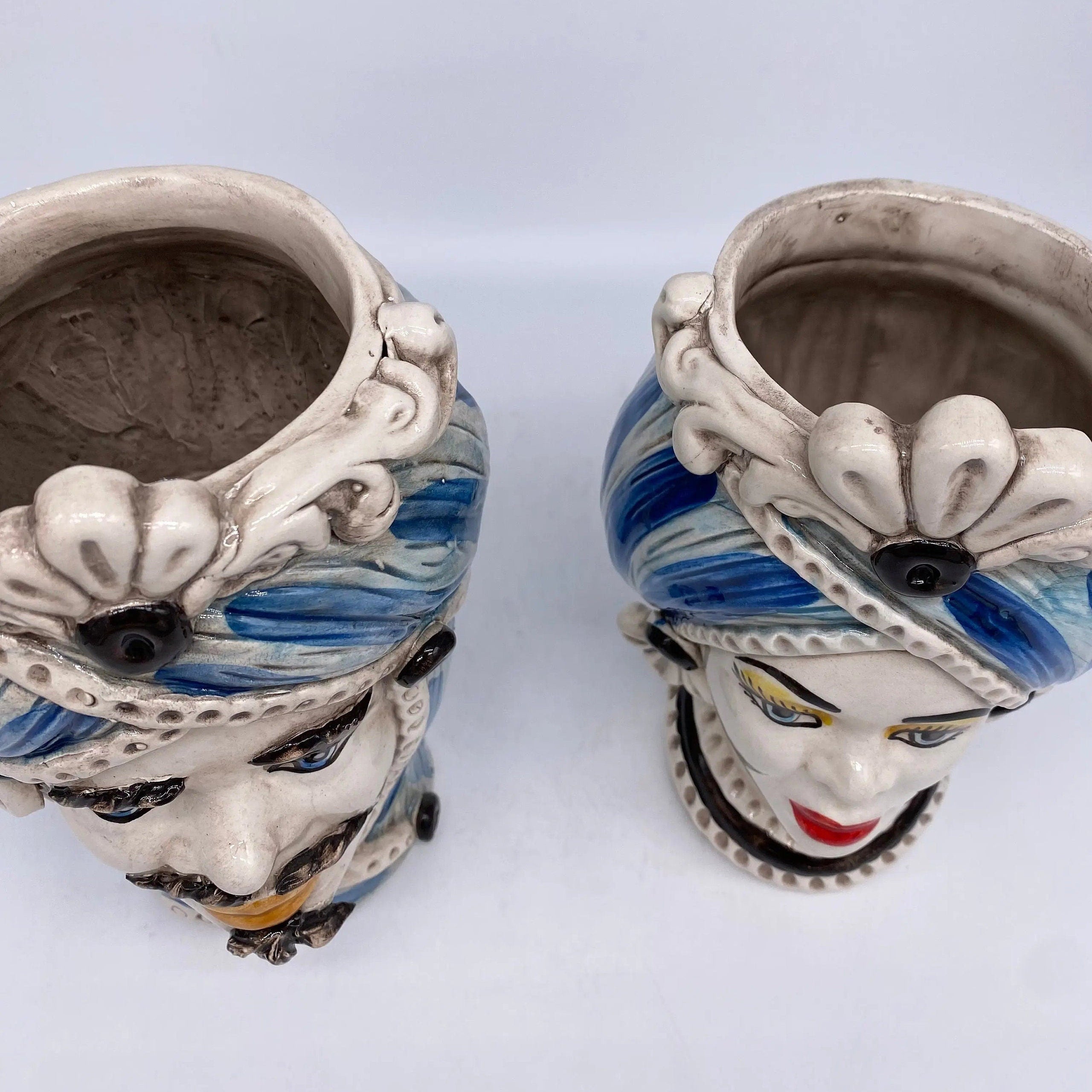 Teste di Moro Moresca Ceramica Caltagirone cm H.20 L.12 Artigianale Turbante Azzurro DD CERAMICHE SICILIANE