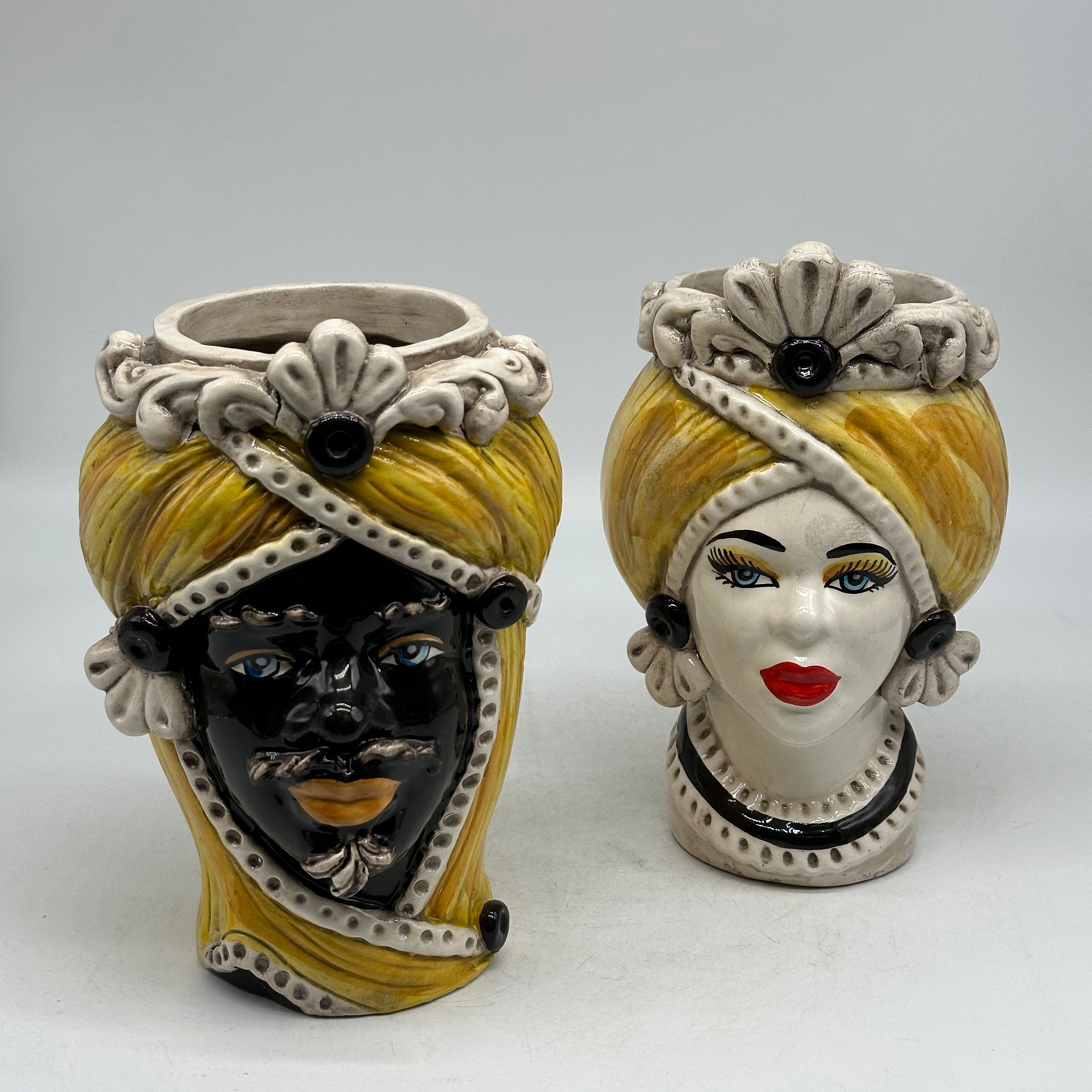 Teste di Moro Moresca Ceramica Caltagirone cm H.20 L.12 Artigianale Turbante Ocra - TESTE DI MORO